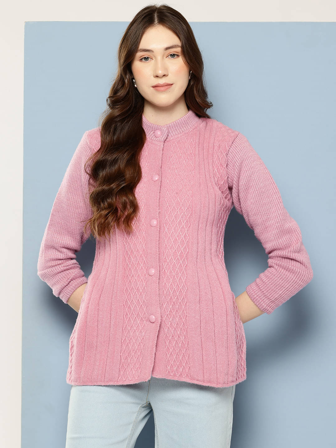 Aarika Woollen Regular Collar Women's Buttoned Cardigans - Pink ( Single ) Aarika Woollen Regular Collar Women's Buttoned Cardigans - Pink ( Single )