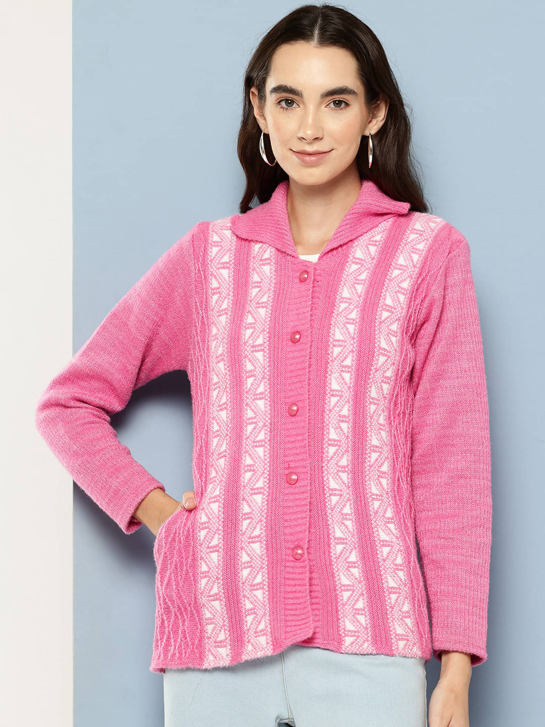 Aarika Woollen Regular Collar Women's Buttoned Cardigans - Pink ( Single ) Aarika Woollen Regular Collar Women's Buttoned Cardigans - Pink ( Single )