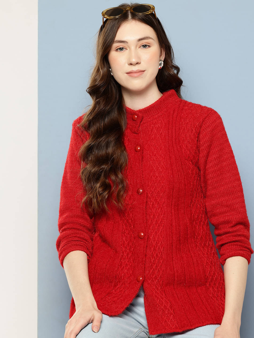 Aarika Woollen Regular Collar Women's Buttoned Cardigans - Red ( Single ) Aarika Woollen Regular Collar Women's Buttoned Cardigans - Red ( Single )