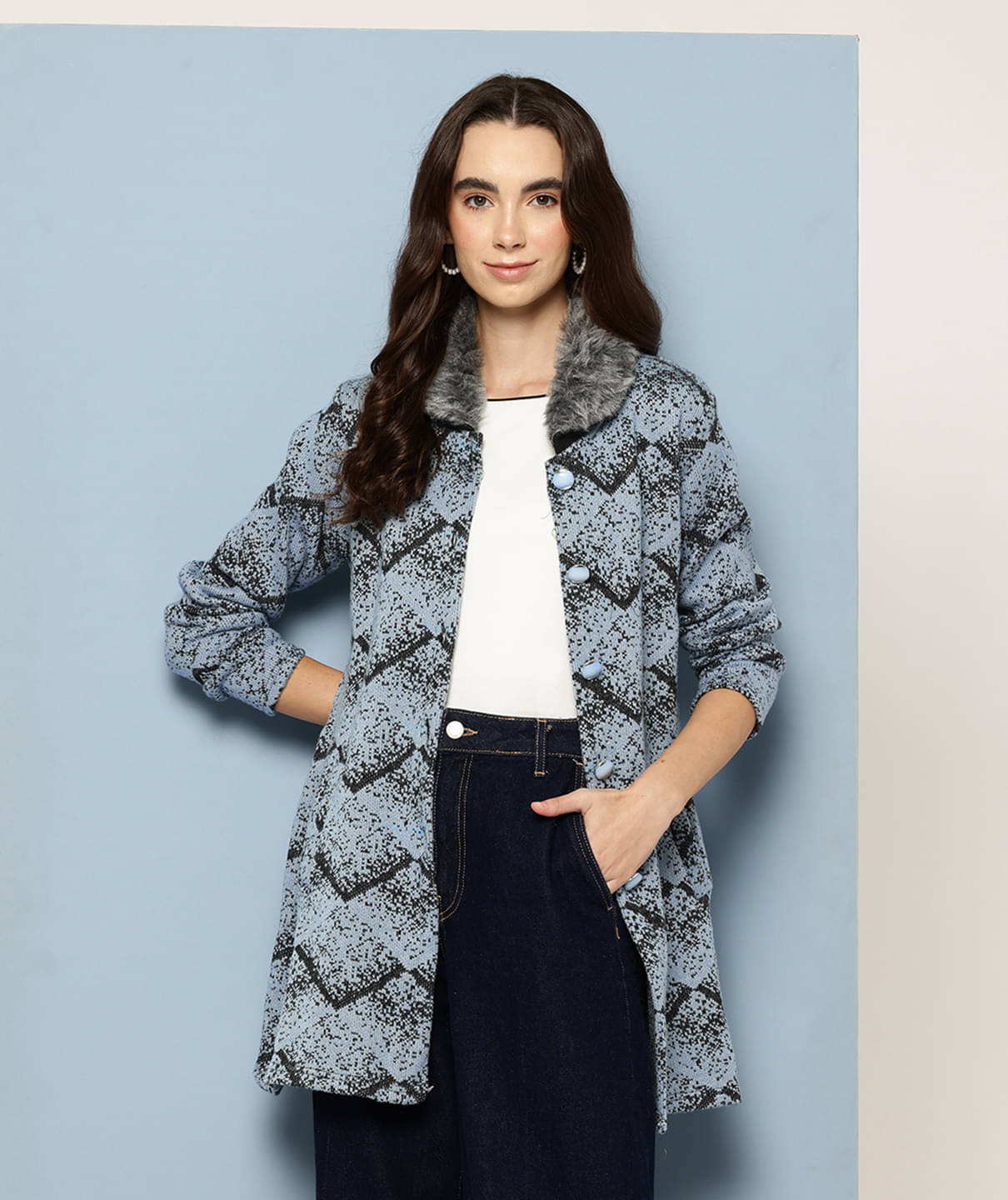 Aarika Women Woollen Shirt Collar Cardigan ( Blue ) Aarika Women Woollen Shirt Collar Cardigan ( Blue )