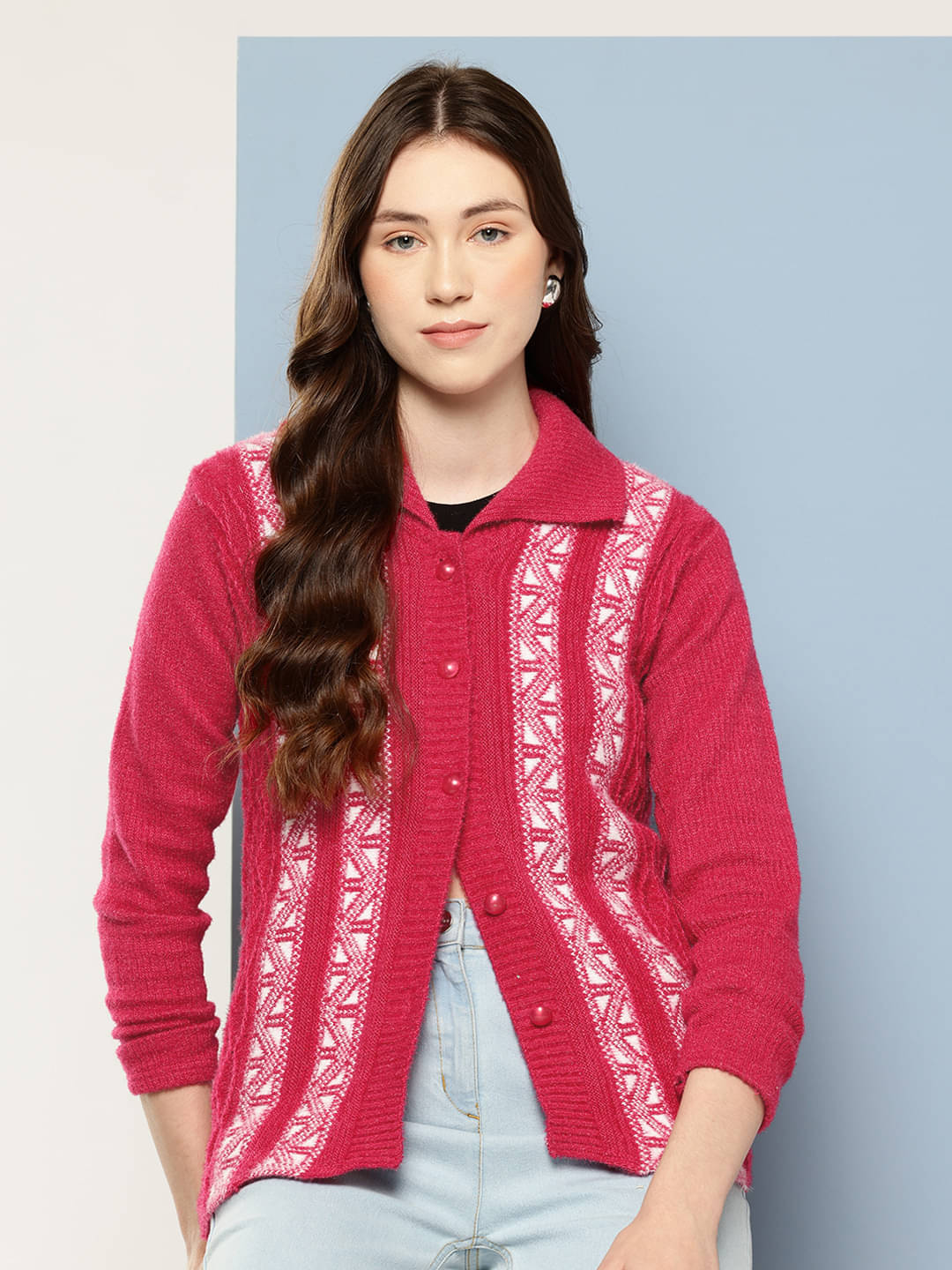 Aarika Women Woollen Shirt Collar Cardigan ( Pink ) Aarika Women Woollen Shirt Collar Cardigan ( Pink )