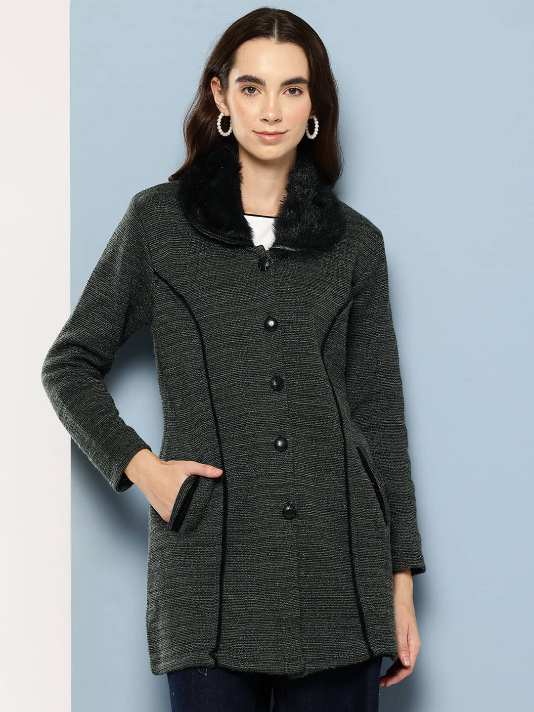 Aarika Women Woollen Shirt Collar Cardigan ( Green )     			Aarika Women Woollen Shirt Collar Cardigan ( Green )