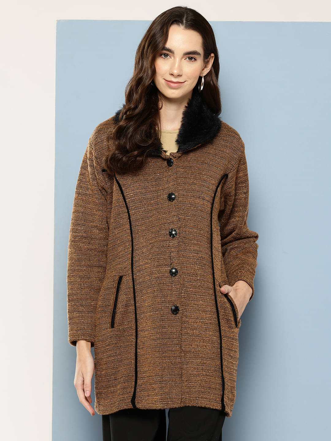Aarika Woollen Regular Collar Women's Buttoned Cardigans - Brown ( Single ) Aarika Woollen Regular Collar Women's Buttoned Cardigans - Brown ( Single )