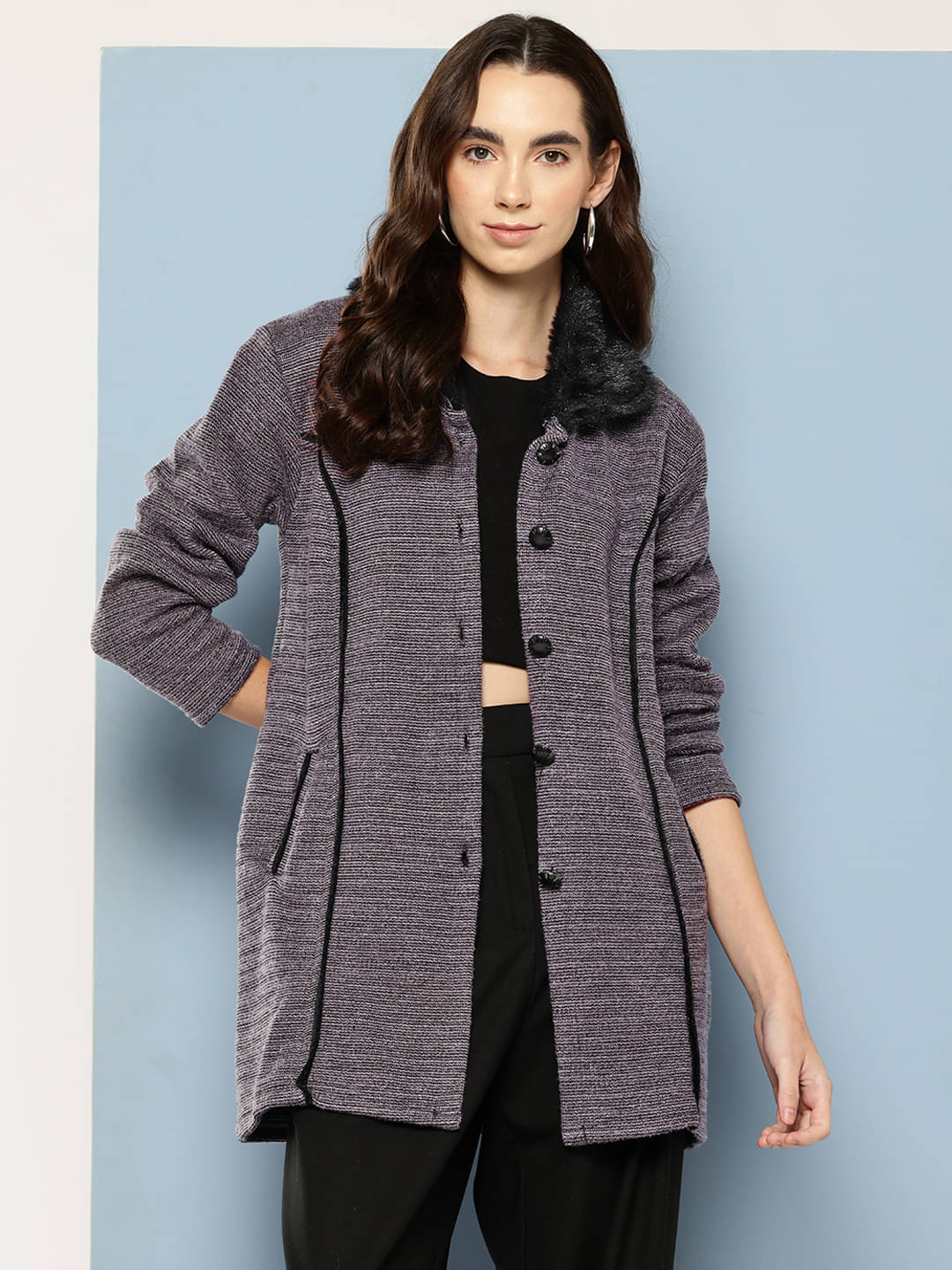 Aarika Woollen Regular Collar Women's Buttoned Cardigans - Purple ( Single ) Aarika Woollen Regular Collar Women's Buttoned Cardigans - Purple ( Single )
