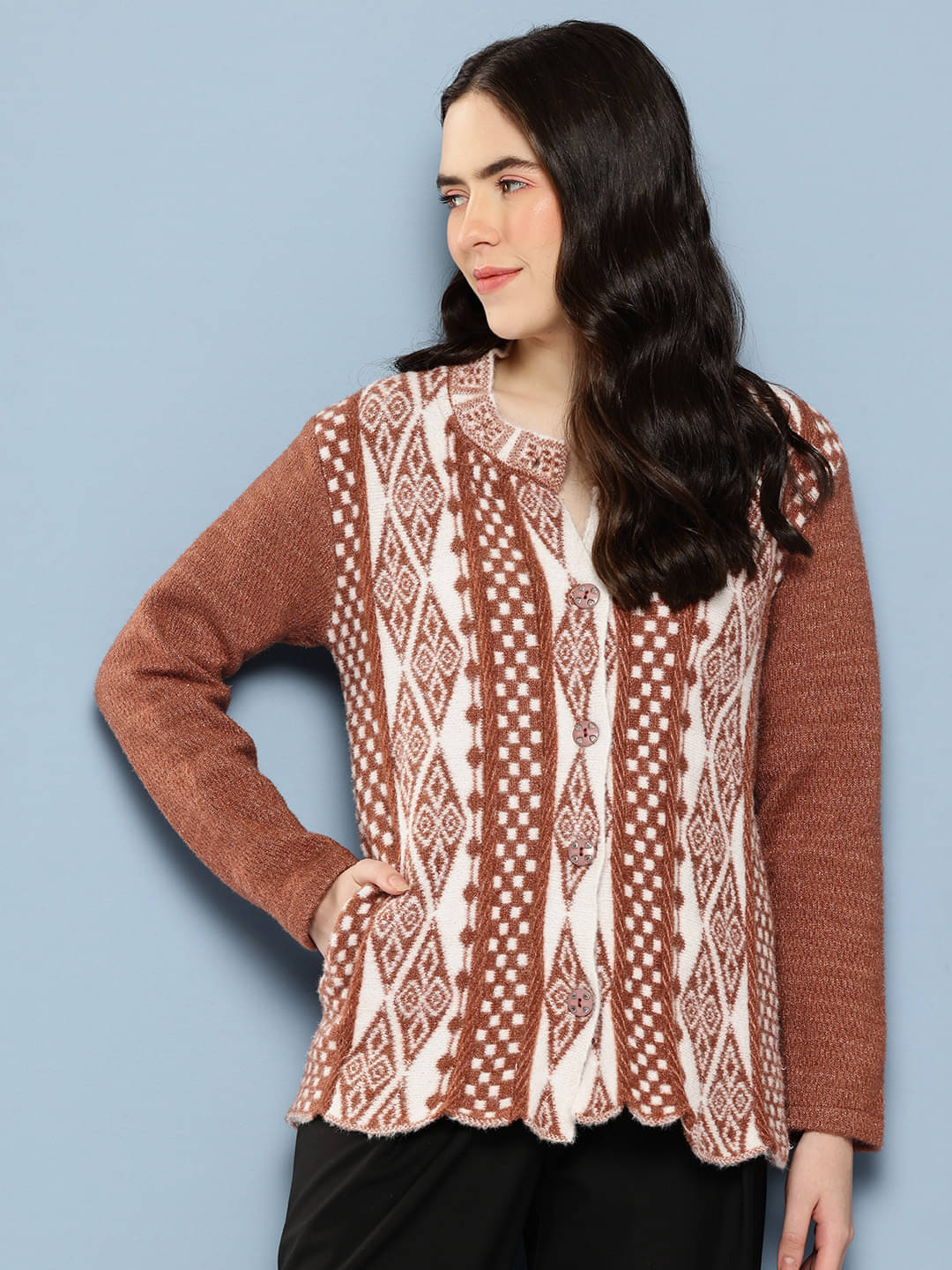 Aarika Woollen Regular Collar Women's Buttoned Cardigans - Brown ( Single ) Aarika Woollen Regular Collar Women's Buttoned Cardigans - Brown ( Single )