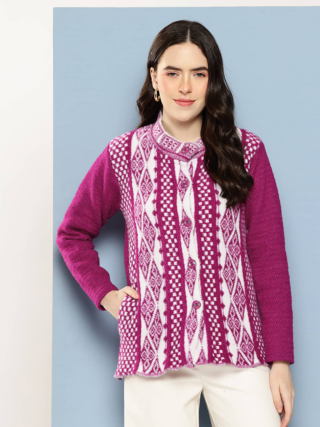     			Aarika Woollen Regular Collar Women's Buttoned Cardigans - Purple ( Single )