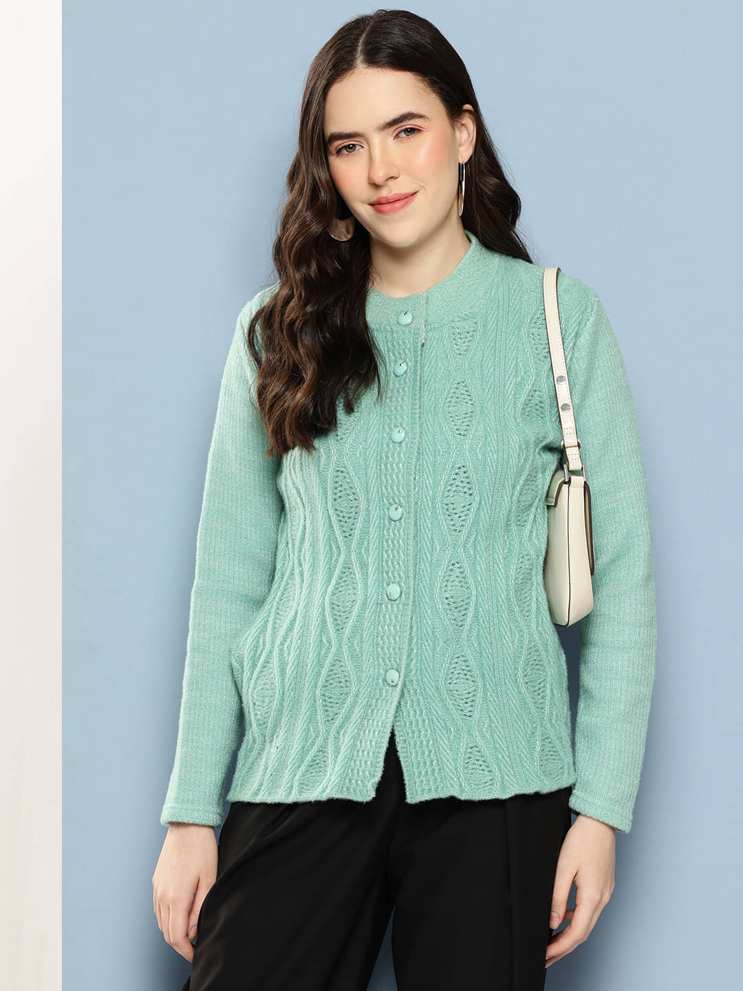     			Aarika Women Woollen Shirt Collar Cardigan ( Green )