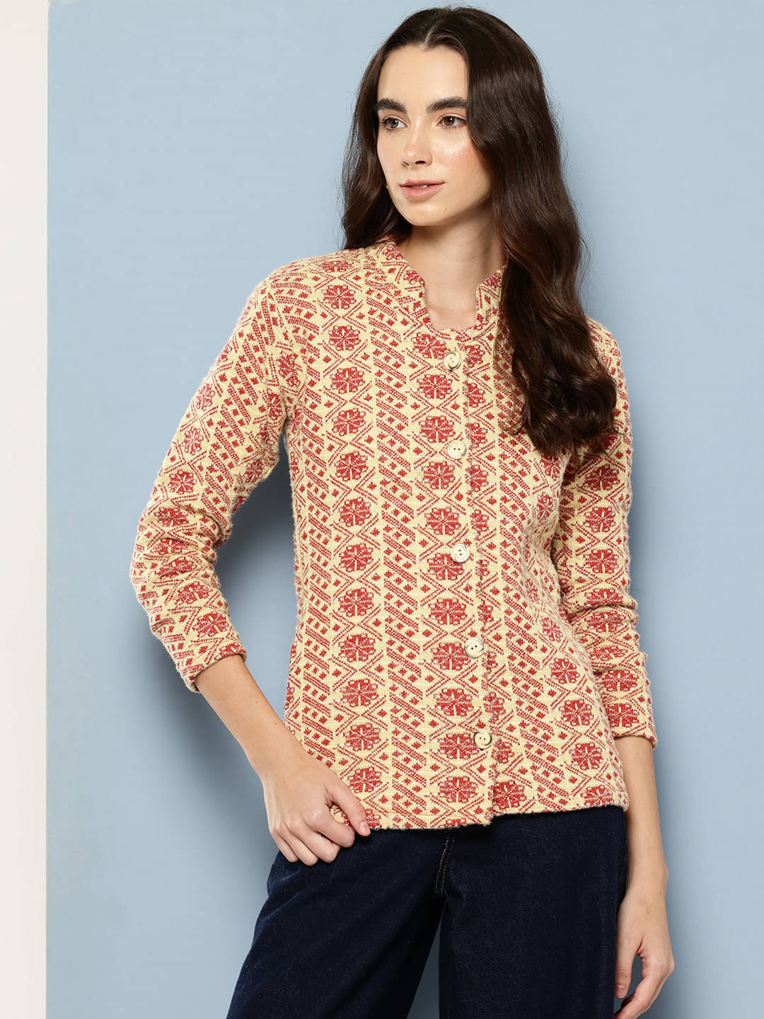     			Aarika Women Woollen Shirt Collar Cardigan ( Red )