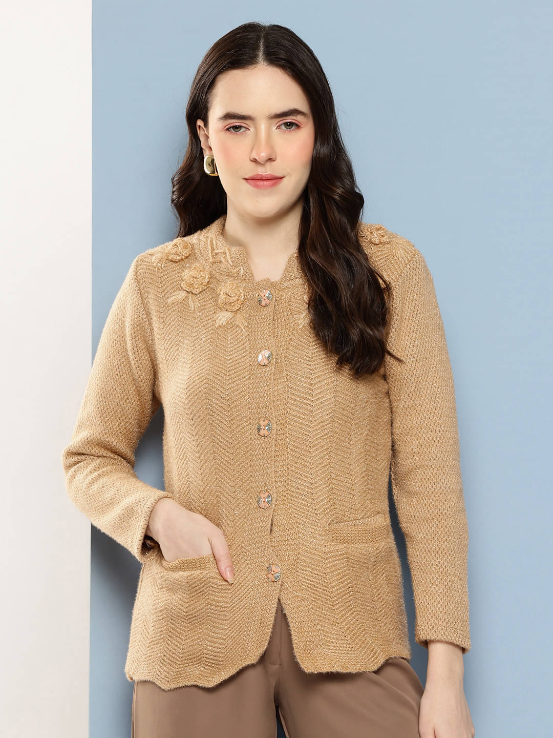     			Aarika Woollen Regular Collar Women's Buttoned Cardigans - Brown ( Single )