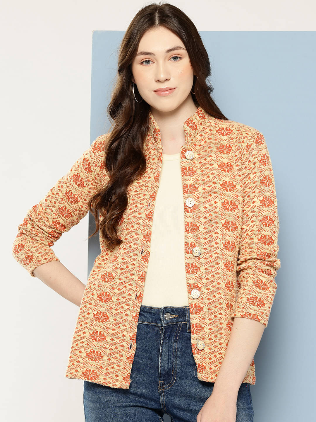 Aarika Woollen Regular Collar Women's Buttoned Cardigans - Orange ( Single ) Aarika Woollen Regular Collar Women's Buttoned Cardigans - Orange ( Single )