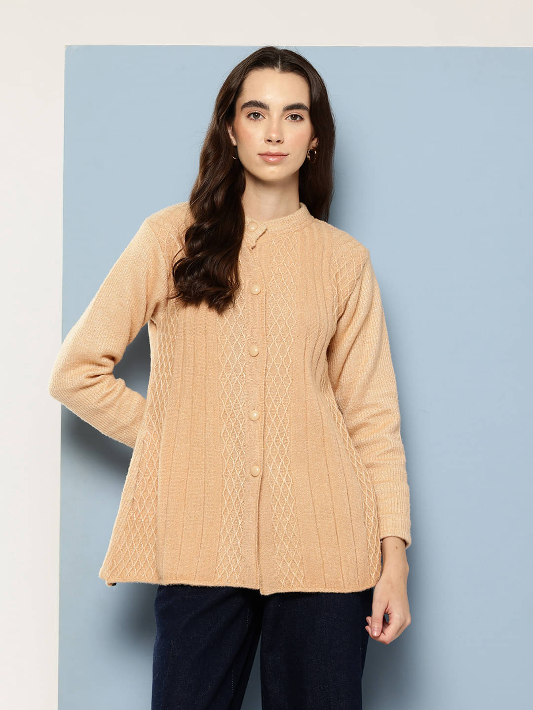     			Aarika Woollen Round Neck Women's Buttoned Cardigans - Beige ( Single )