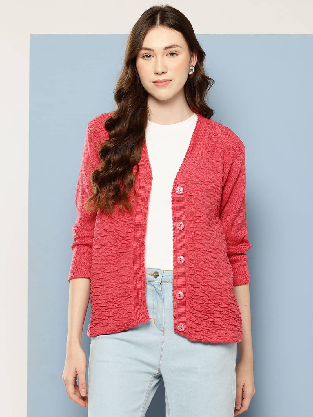     			Aarika Woollen V Neck Women's Buttoned Cardigans - Red ( Single )