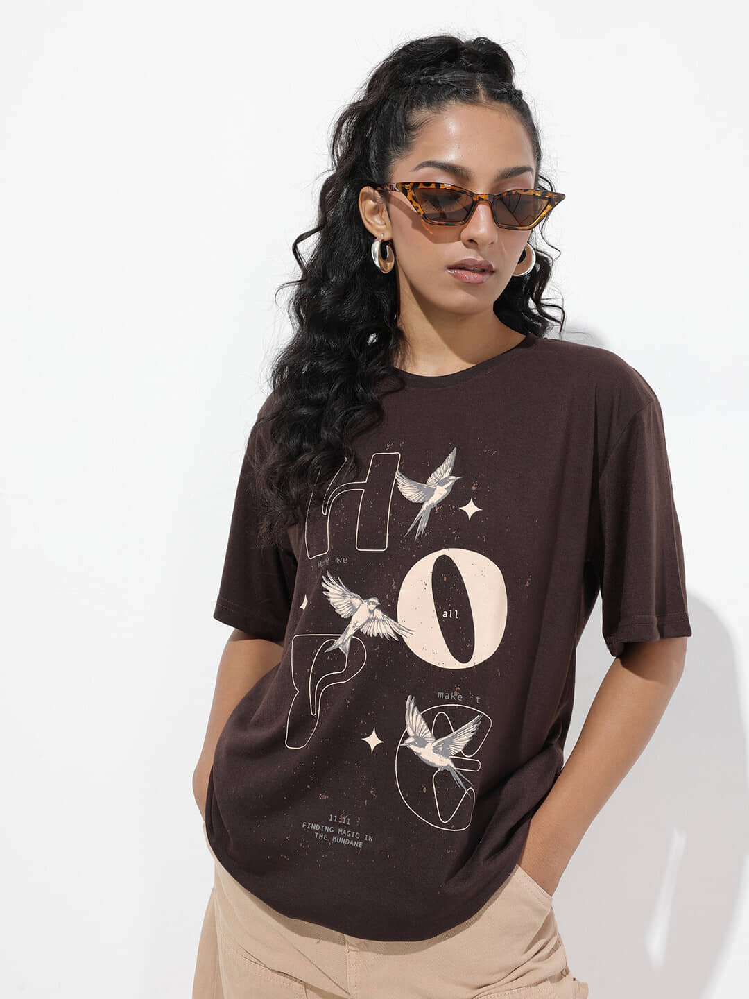 Diversify Women Cotton Blend Printed Oversized Fit Round Neck T-Shirt ( Brown )