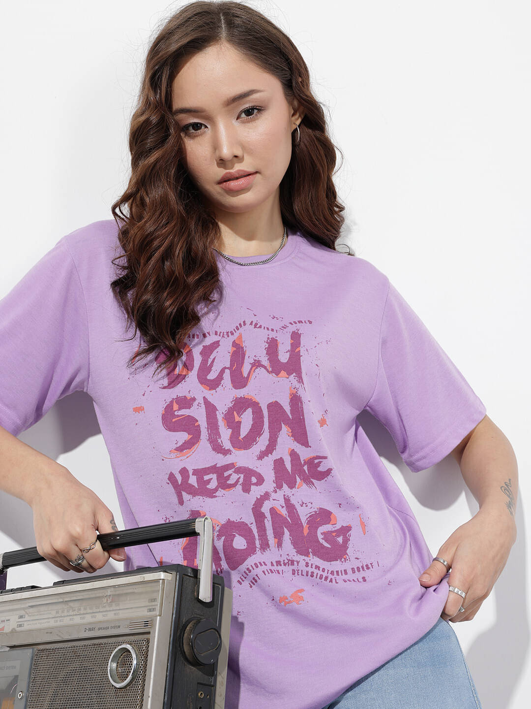 Diversify Women Cotton Blend Printed Oversized Fit Round Neck T-Shirt ( Purple ) Diversify Women Cotton Blend Printed Oversized Fit Round Neck T-Shirt ( Purple )