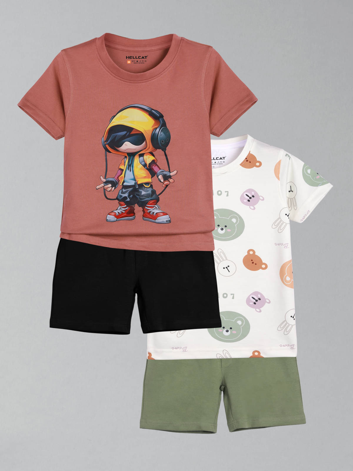     			HELLCAT Pack of 2 Boys Cotton Blend T-Shirt & Shorts Set ( Brown )