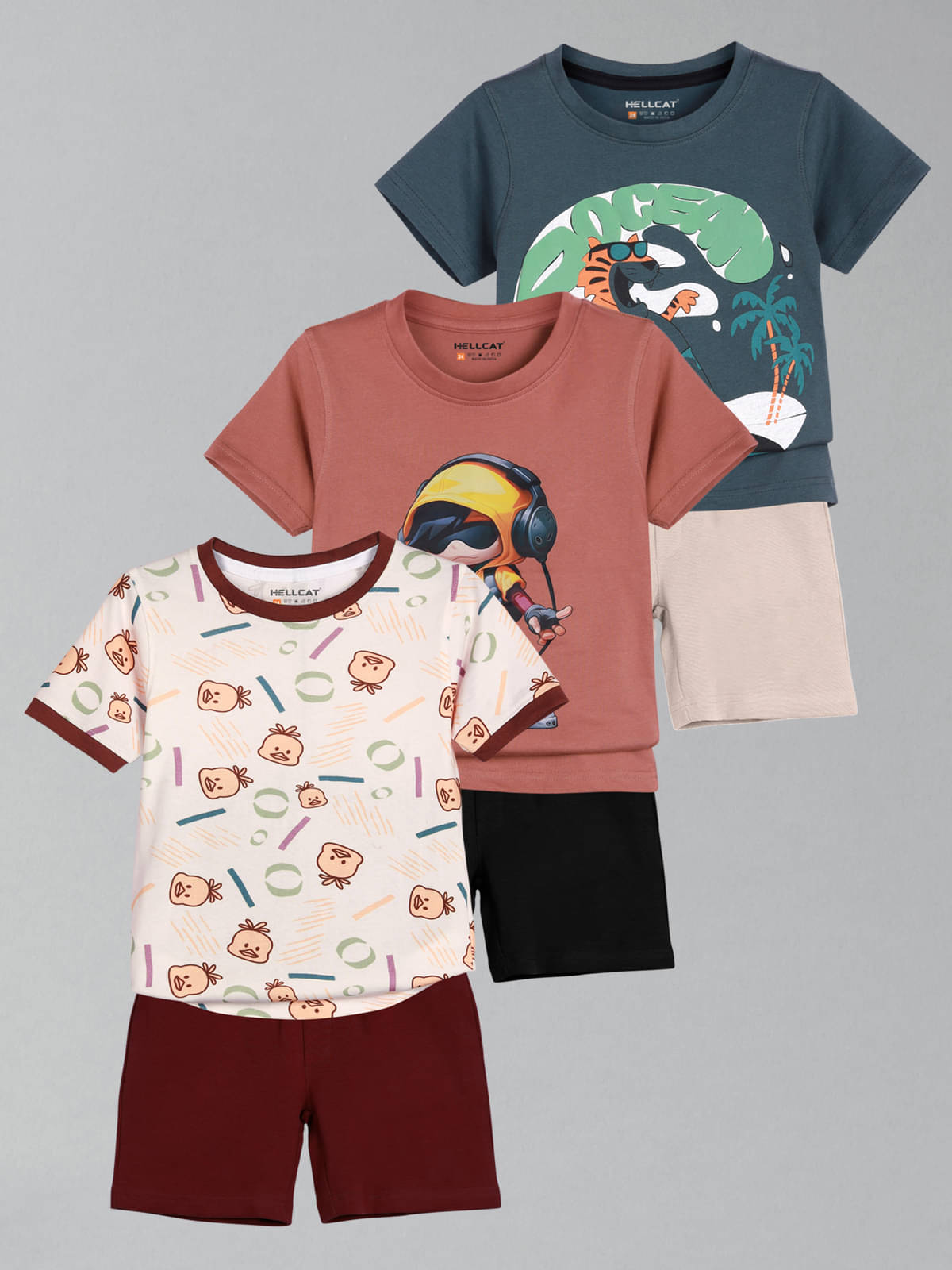     			HELLCAT Pack of 3 Boys Cotton Blend T-Shirt & Shorts Set ( Multicolor 1 )