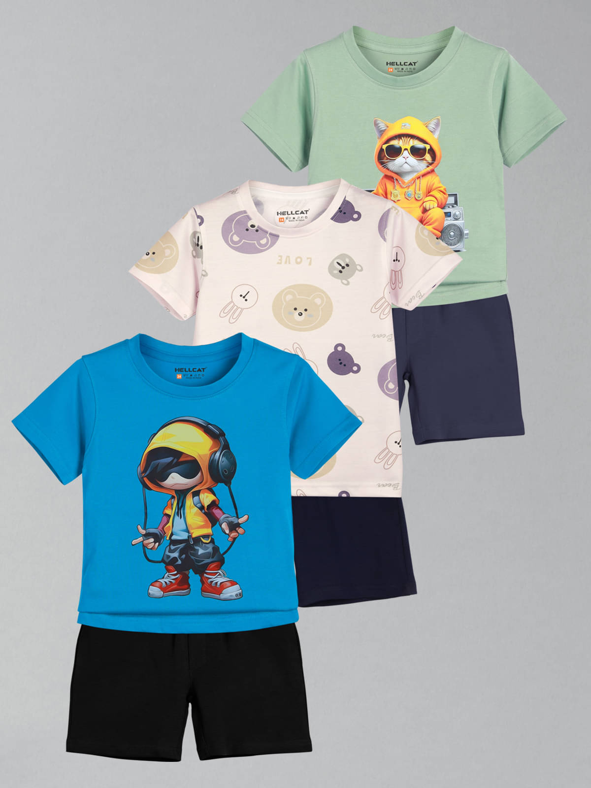     			HELLCAT Pack of 3 Boys Cotton Blend T-Shirt & Shorts Set ( Multicolor 4 )