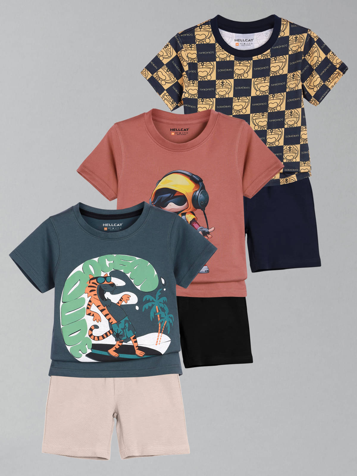     			HELLCAT Pack of 3 Boys Cotton Blend T-Shirt & Shorts Set ( Multicolor 4 )