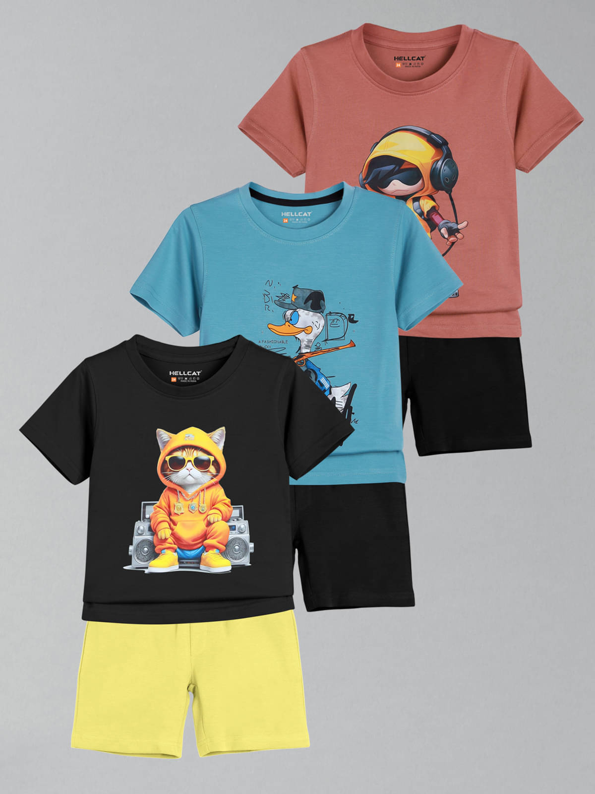     			HELLCAT Pack of 3 Boys Cotton Blend T-Shirt & Shorts Set ( Multicolor 2 )