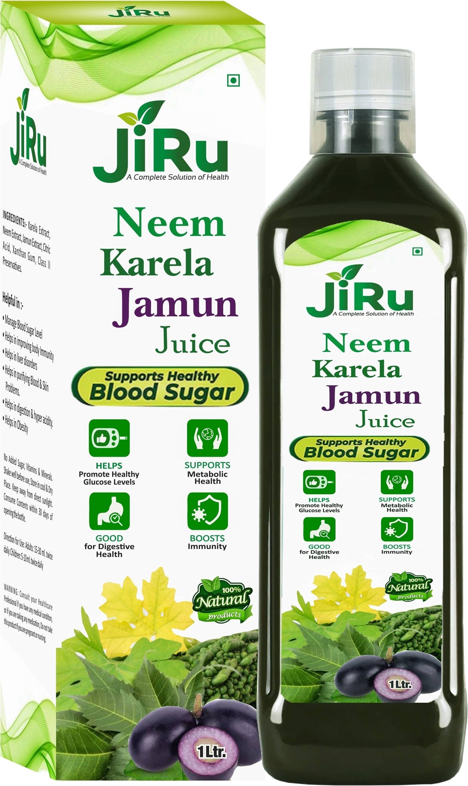 Jiru Organic Karela Jamun Neem Juice|Control Blood Sugar & Lower Bad Cholesterol|1Ltr Jiru Organic Karela Jamun Neem Juice|Control Blood Sugar & Lower Bad Cholesterol|1Ltr