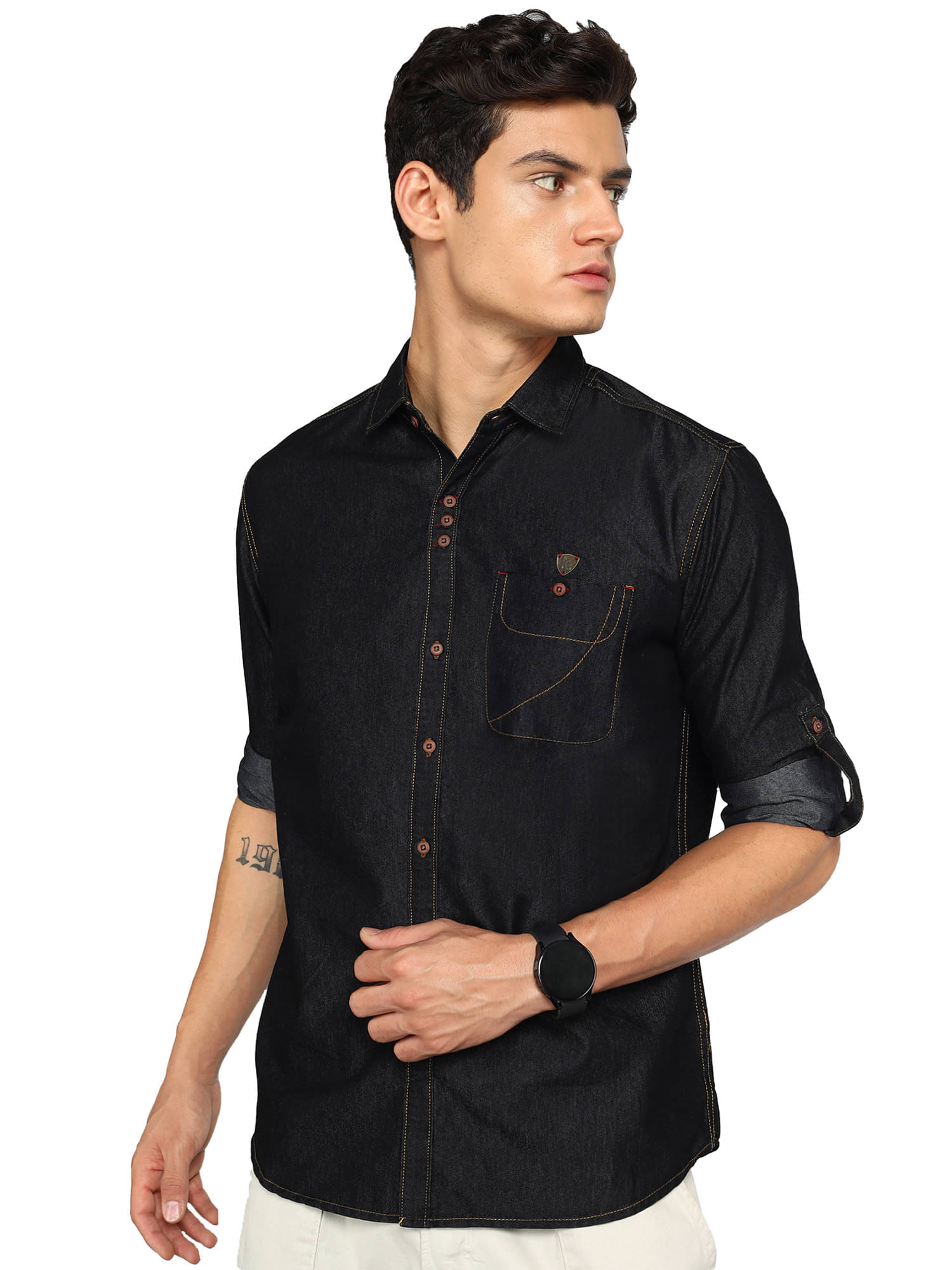Kuons Avenue Denim Regular Fit Solids Full Sleeves Men's Casual Shirt - Black ( Pack of 1 )     			Kuons Avenue Denim Regular Fit Solids Full Sleeves Men's Casual Shirt - Black ( Pack of 1 )