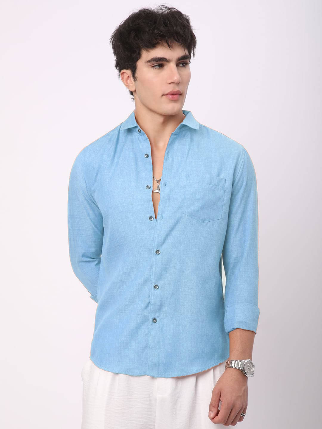     			OQUENT Linen Regular Fit Solids Full Sleeves Men's Casual Shirt - Aqua Blue ( Pack of 1 )
