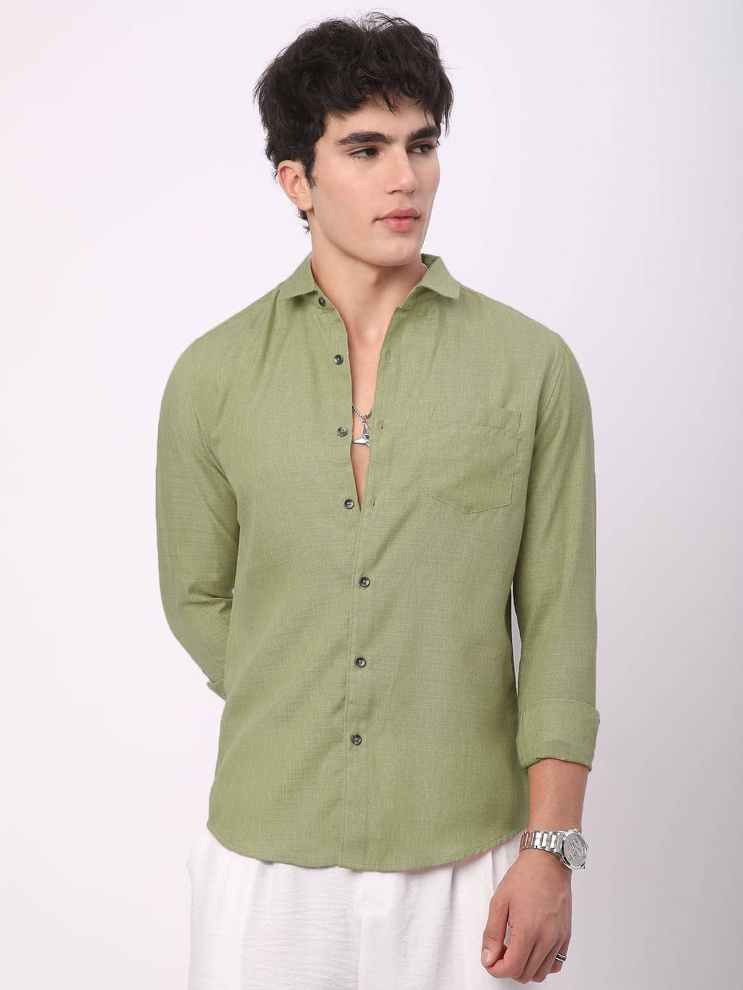     			OQUENT Linen Regular Fit Solids Full Sleeves Men's Casual Shirt - Lime Green ( Pack of 1 )
