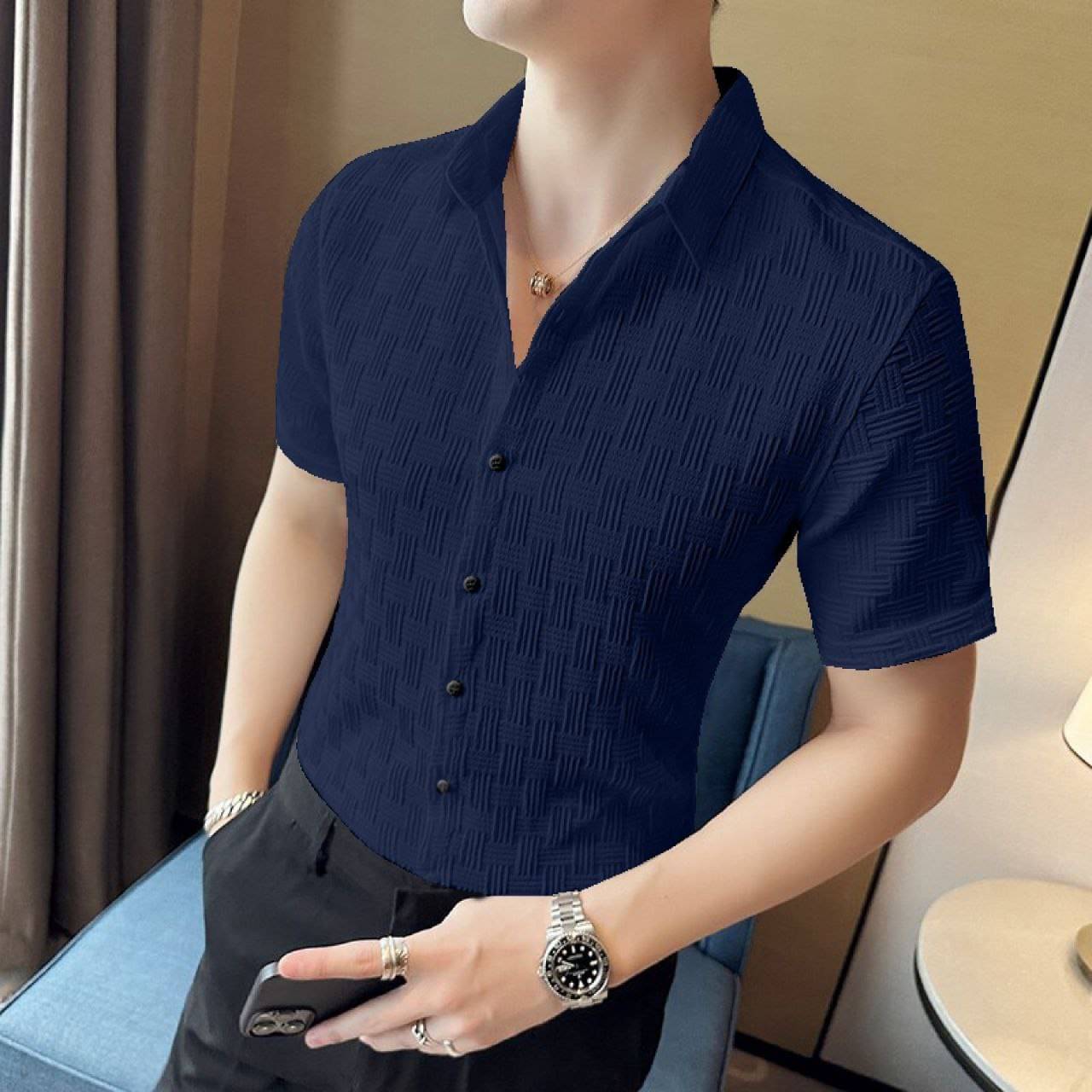     			OQUENT Poly Cotton Regular Fit Solids Half Sleeves Men's Casual Shirt - Navy ( Pack of 1 )