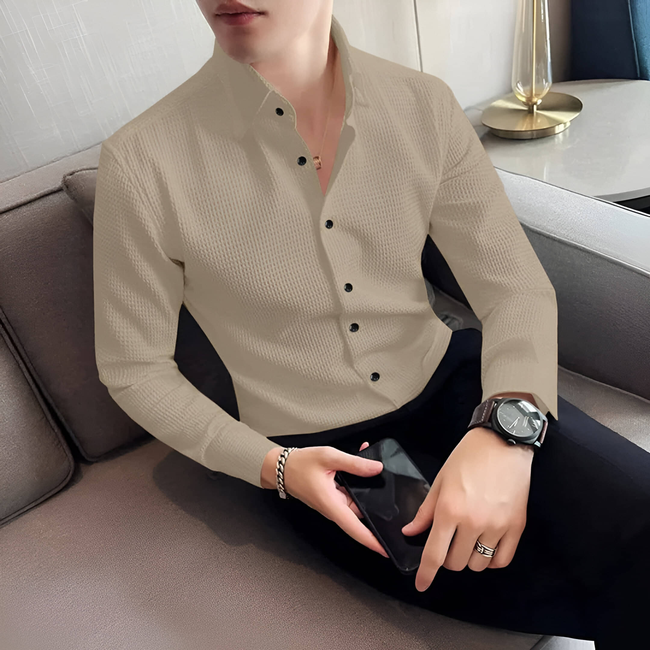     			OQUENT Poly Cotton Regular Fit Checks Full Sleeves Men's Casual Shirt - Beige ( Pack of 1 )