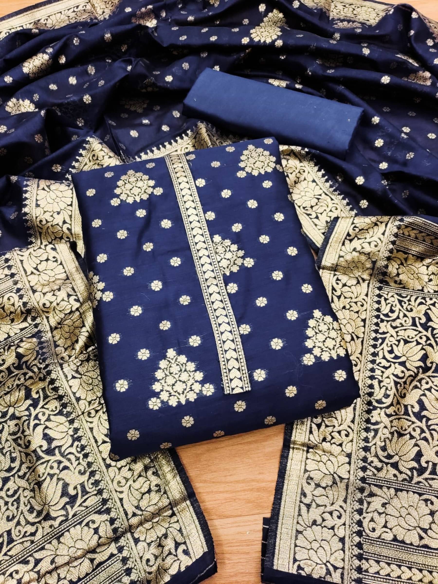 Shree Mahantam Women Banarasi Unstitched Dress Material ( Blue )     			Shree Mahantam Women Banarasi Unstitched Dress Material ( Blue )
