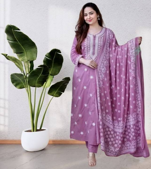     			Supar Sleave Women Rayon Embroidered Straight Kurti With Pants ( Purple )