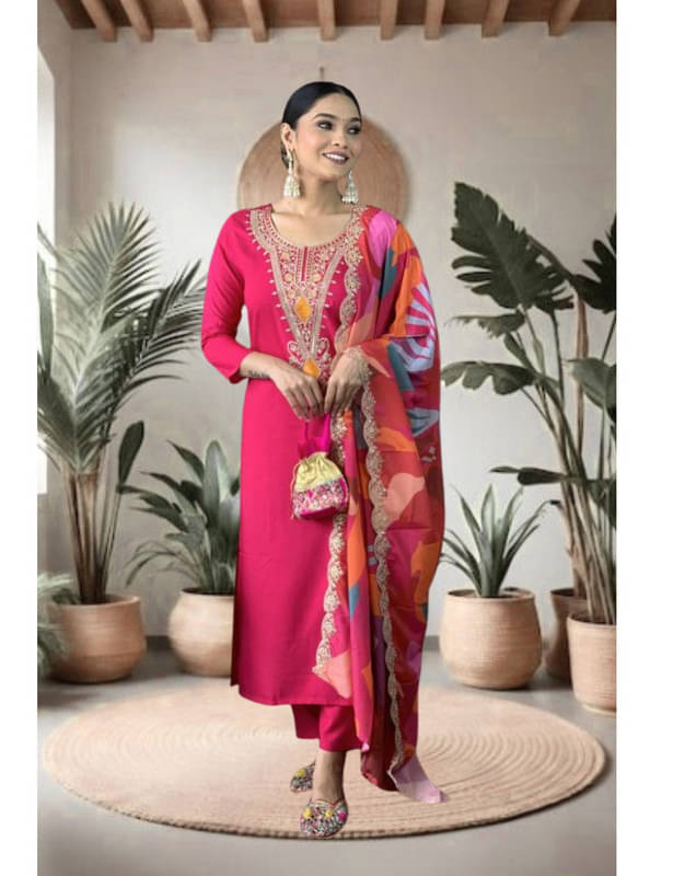 Supar Sleave Women Viscose Embroidered Straight Kurti With Pants ( Pink )     			Supar Sleave Women Viscose Embroidered Straight Kurti With Pants ( Pink )