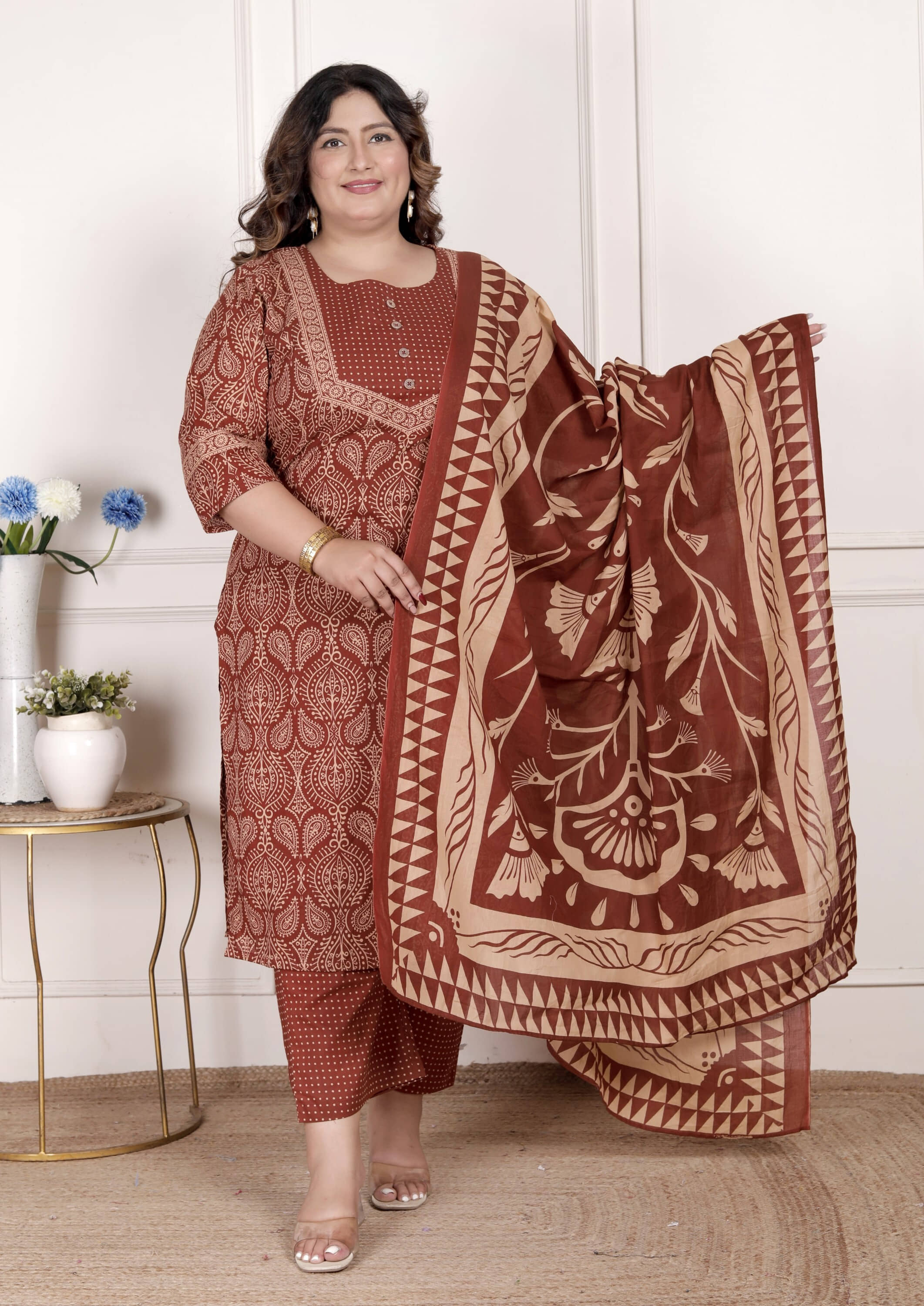 Swasti Women Cotton Printed Straight Kurti With Pants ( Brown )