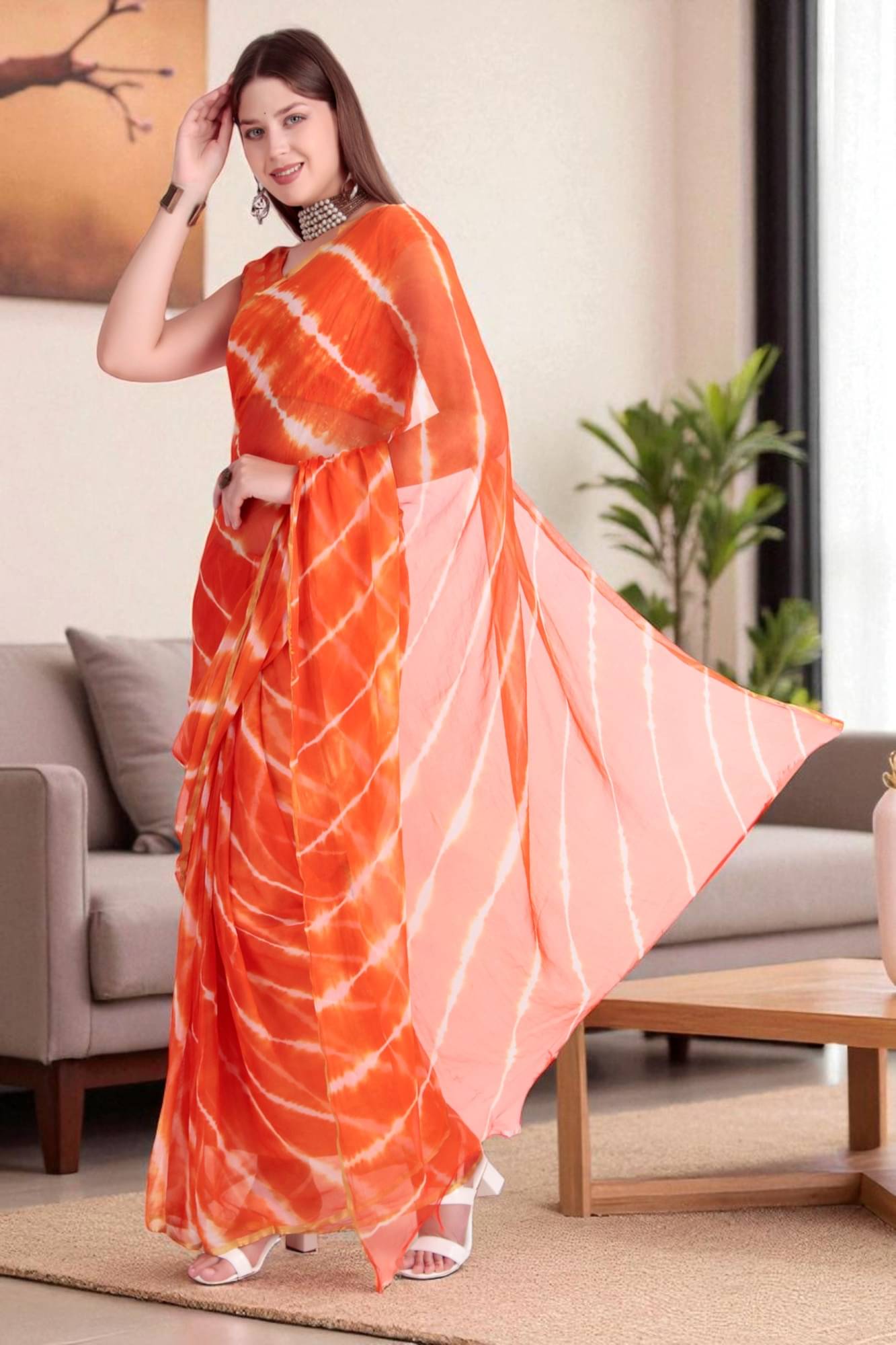 Traquila Chiffon Dyed Leheriya Saree With Unstitched Blouse Piece ( Orange ) Traquila Chiffon Dyed Leheriya Saree With Unstitched Blouse Piece ( Orange )