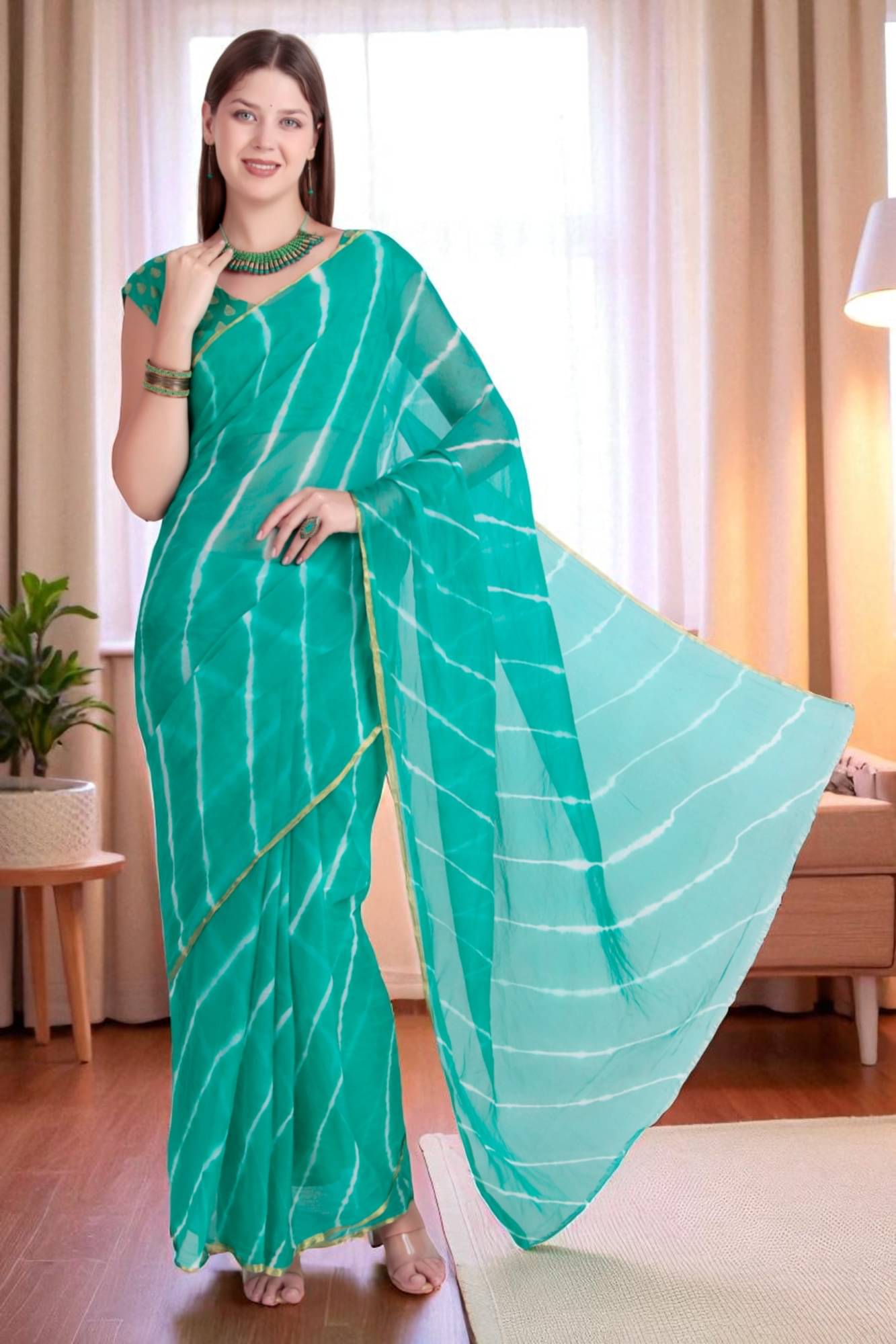 Traquila Chiffon Dyed Leheriya Saree With Unstitched Blouse Piece ( LightGreen ) Traquila Chiffon Dyed Leheriya Saree With Unstitched Blouse Piece ( LightGreen )