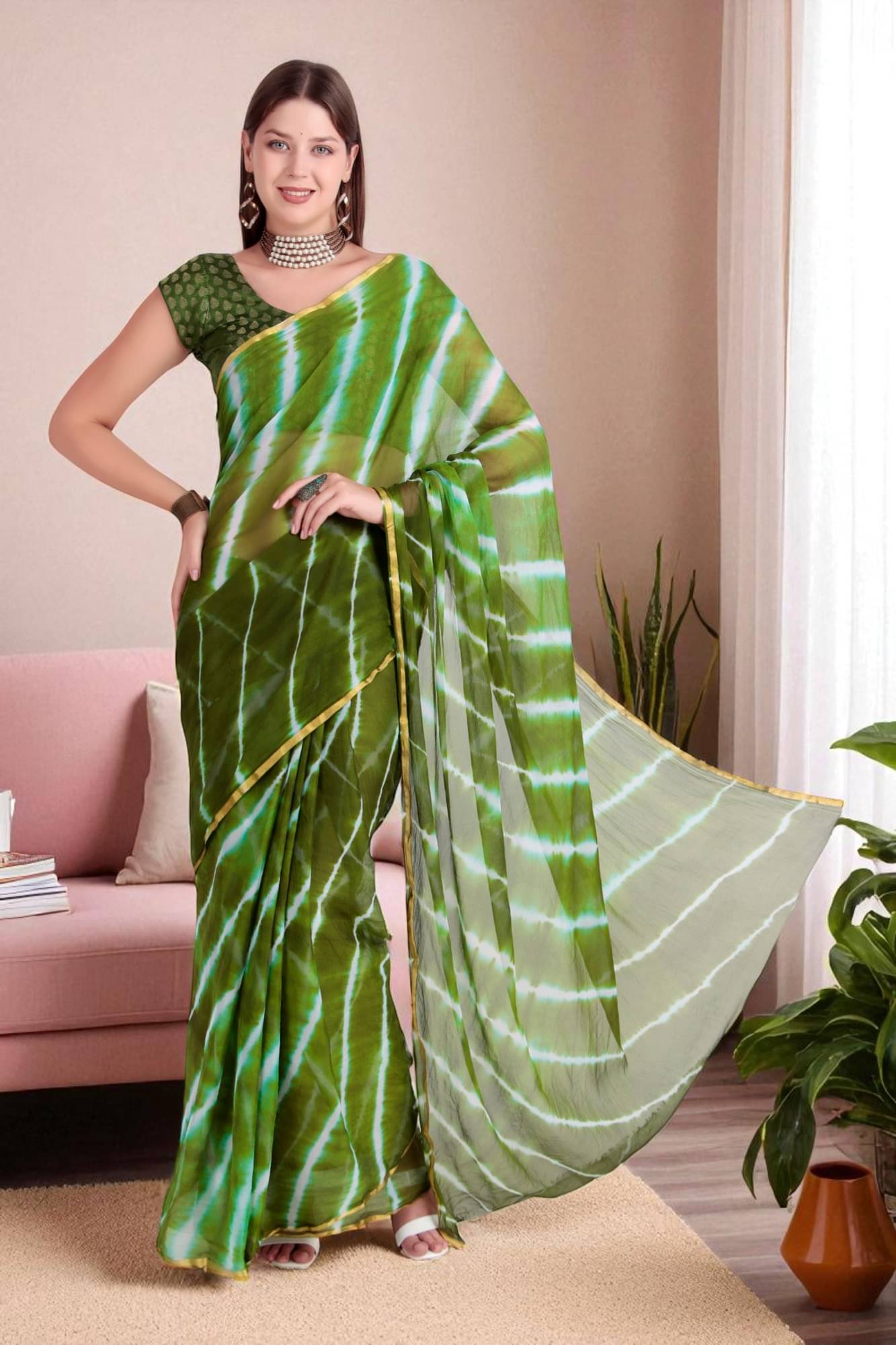 Traquila Chiffon Dyed Leheriya Saree With Unstitched Blouse Piece ( Green ) Traquila Chiffon Dyed Leheriya Saree With Unstitched Blouse Piece ( Green )