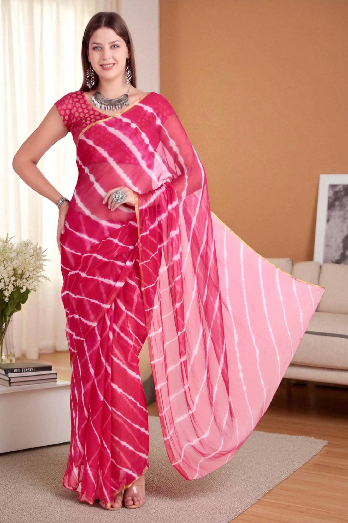     			Traquila Chiffon Dyed Leheriya Saree With Unstitched Blouse Piece ( Pink )