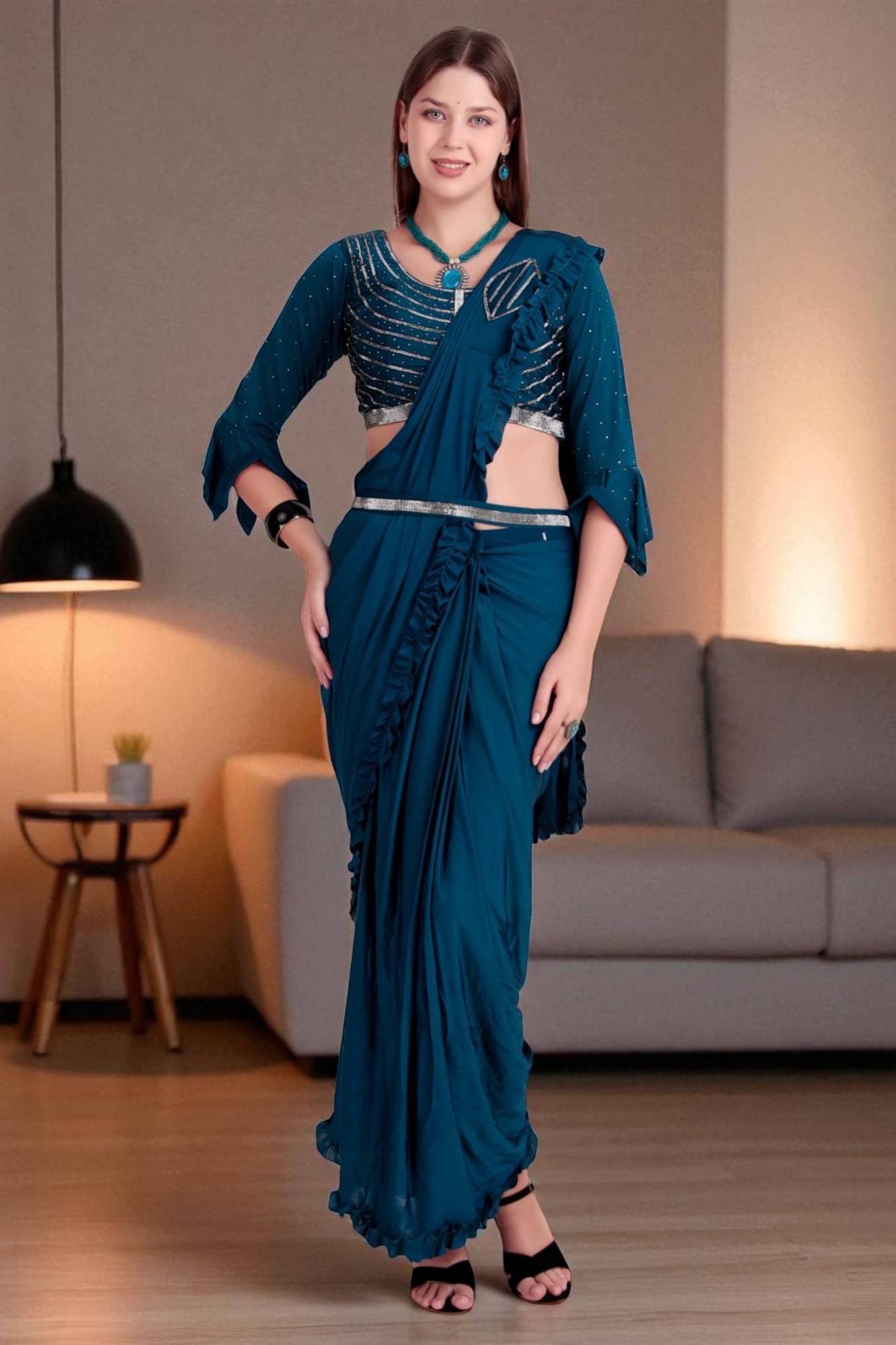 Traquila Lycra Solid Regular Saree With Stitched Blouse ( Teal ) Traquila Lycra Solid Regular Saree With Stitched Blouse ( Teal )