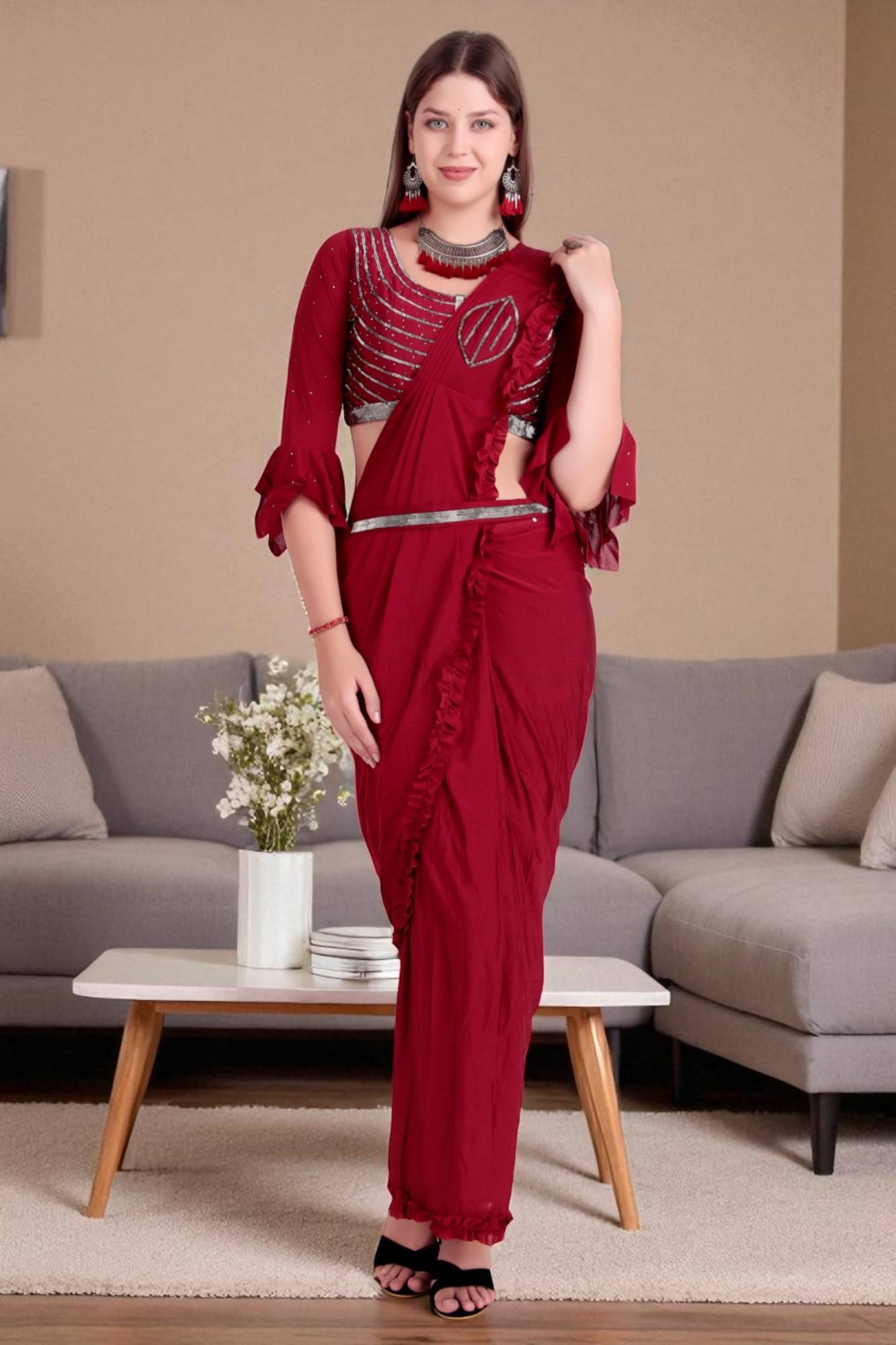     			Traquila Lycra Solid Regular Saree With Stitched Blouse ( Maroon )