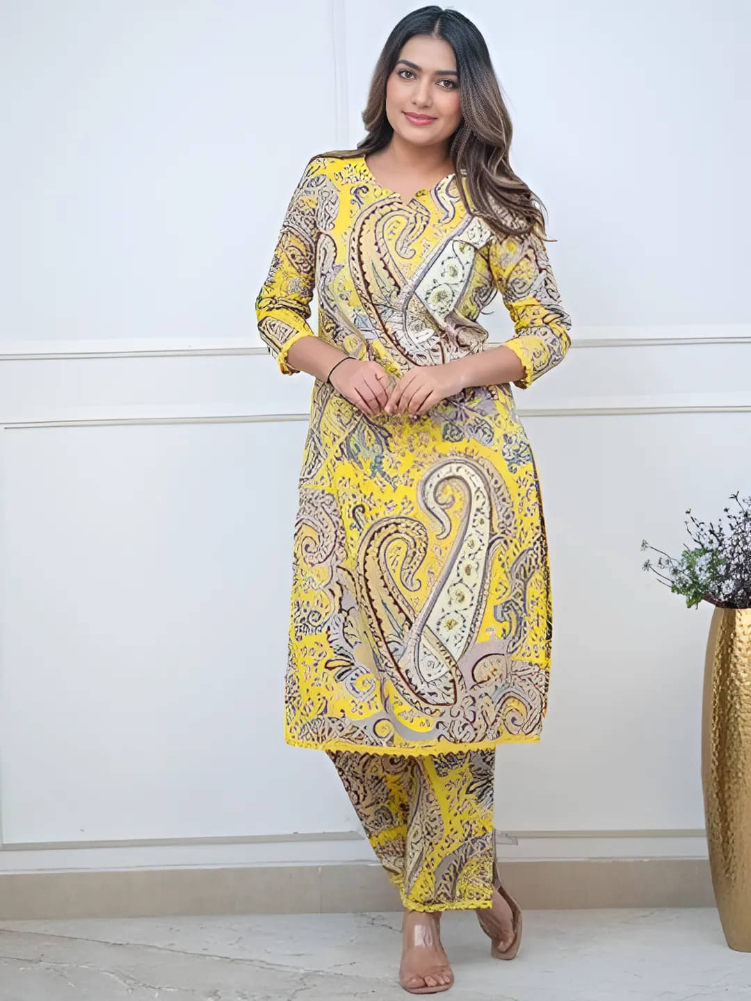 VISHWAS ENTERPRISE Women Rayon Printed Straight Kurti With Pants ( Yellow ) VISHWAS ENTERPRISE Women Rayon Printed Straight Kurti With Pants ( Yellow )