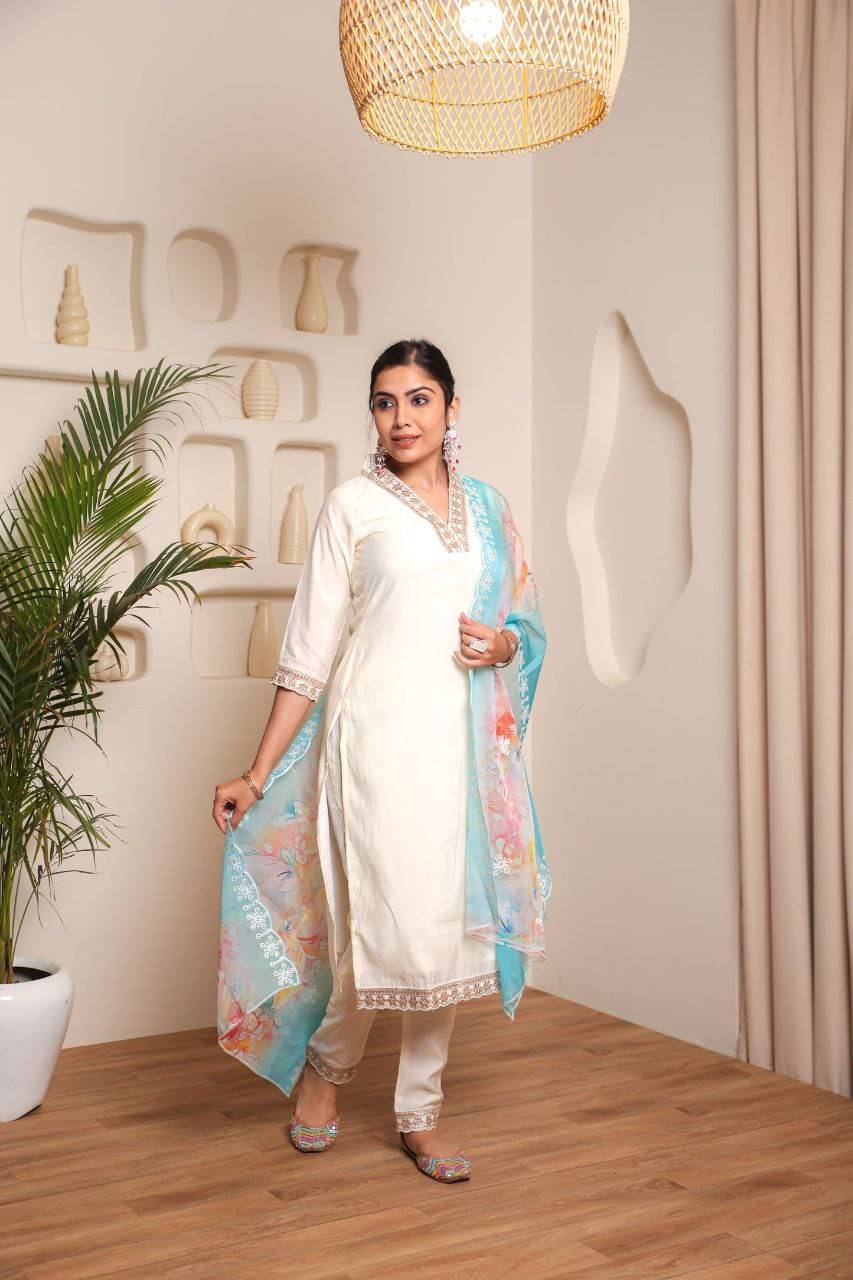 Varni Fabrics Women Silk Blend Printed A-line Kurti With Pants ( White ) Varni Fabrics Women Silk Blend Printed A-line Kurti With Pants ( White )