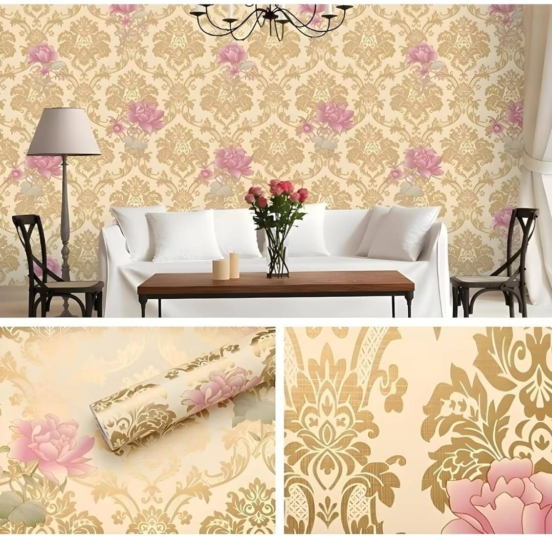     			WRUNJI, GOLD RED FLOWER Floral Self-Adhesive Wallpaper PVC Peel & Kitchen & Furniture Makeover(45x500 cm)
