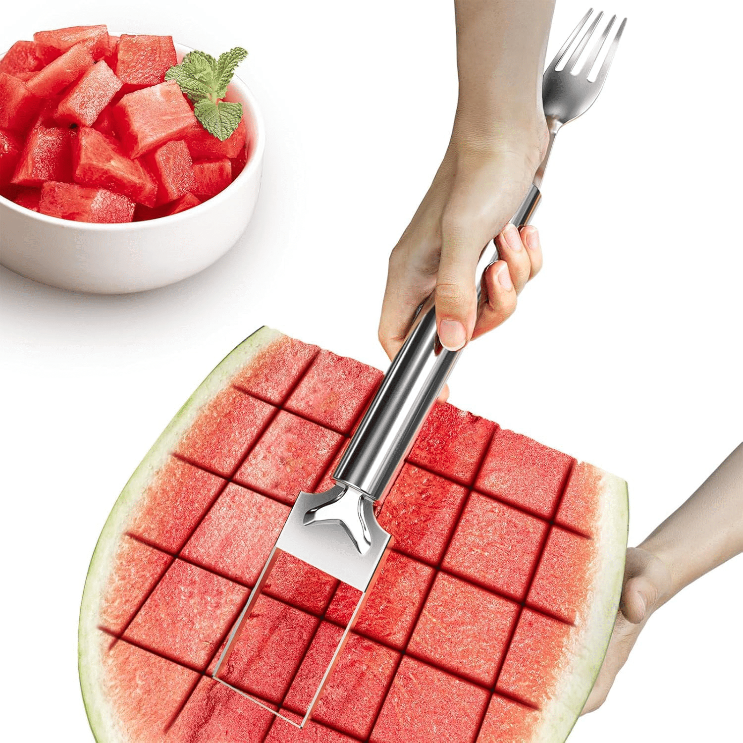     			Watermelon Fork Cutter Slicer Tool, 2-in-1 Stainless Steel Fruit Cutter Melon Slicer Cutter Tool, Watermelon Cutting Tool for Home Party Camping Kitchen Gadget