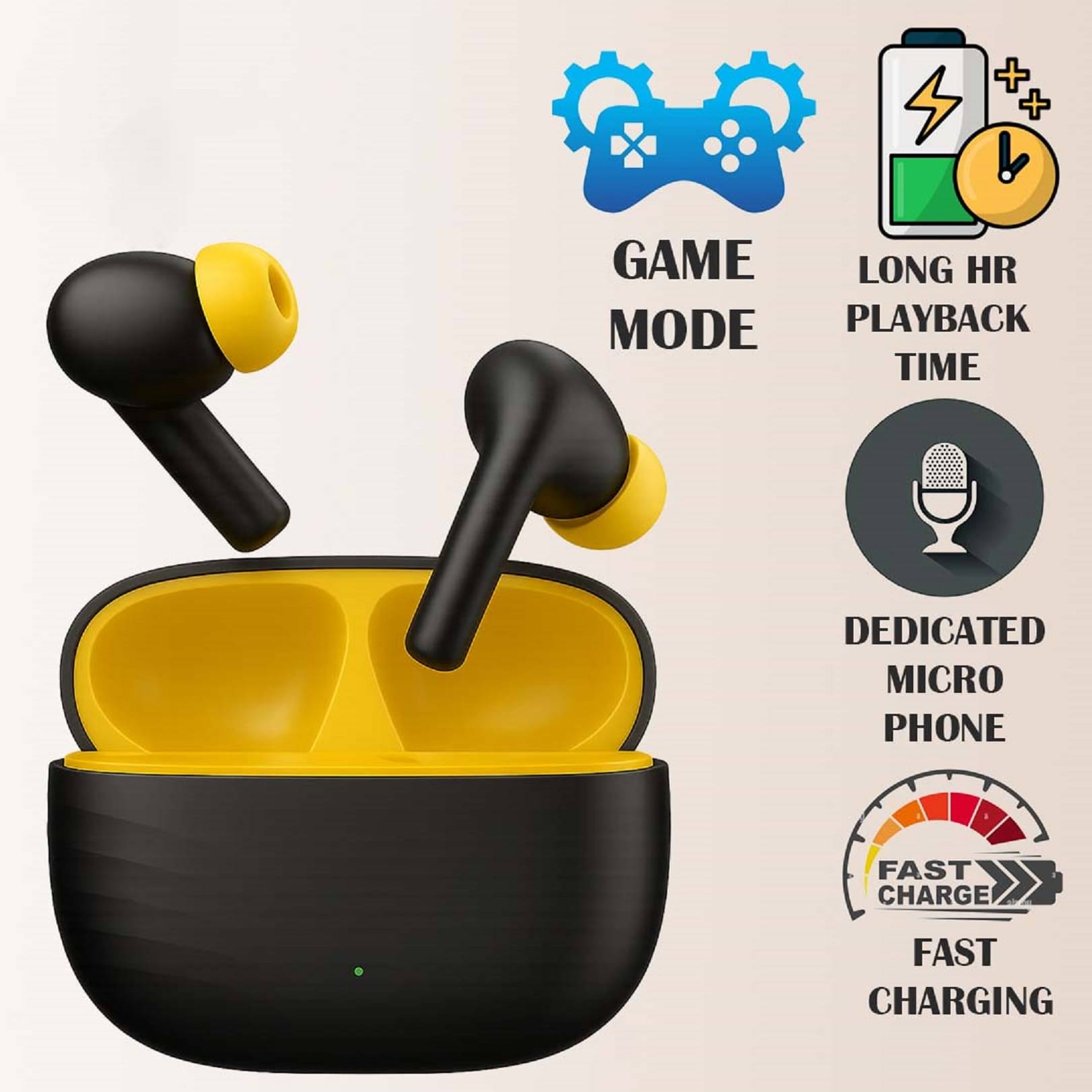     			Wireless Bluetooth Earbuds with Deep Bass Sound, Fast Charging, Long Battery Life, Stylish Black-Yellow Design, Clear Audio, Comfortable Fit, Ideal for Music, Workouts, Travel, and Daily Use.