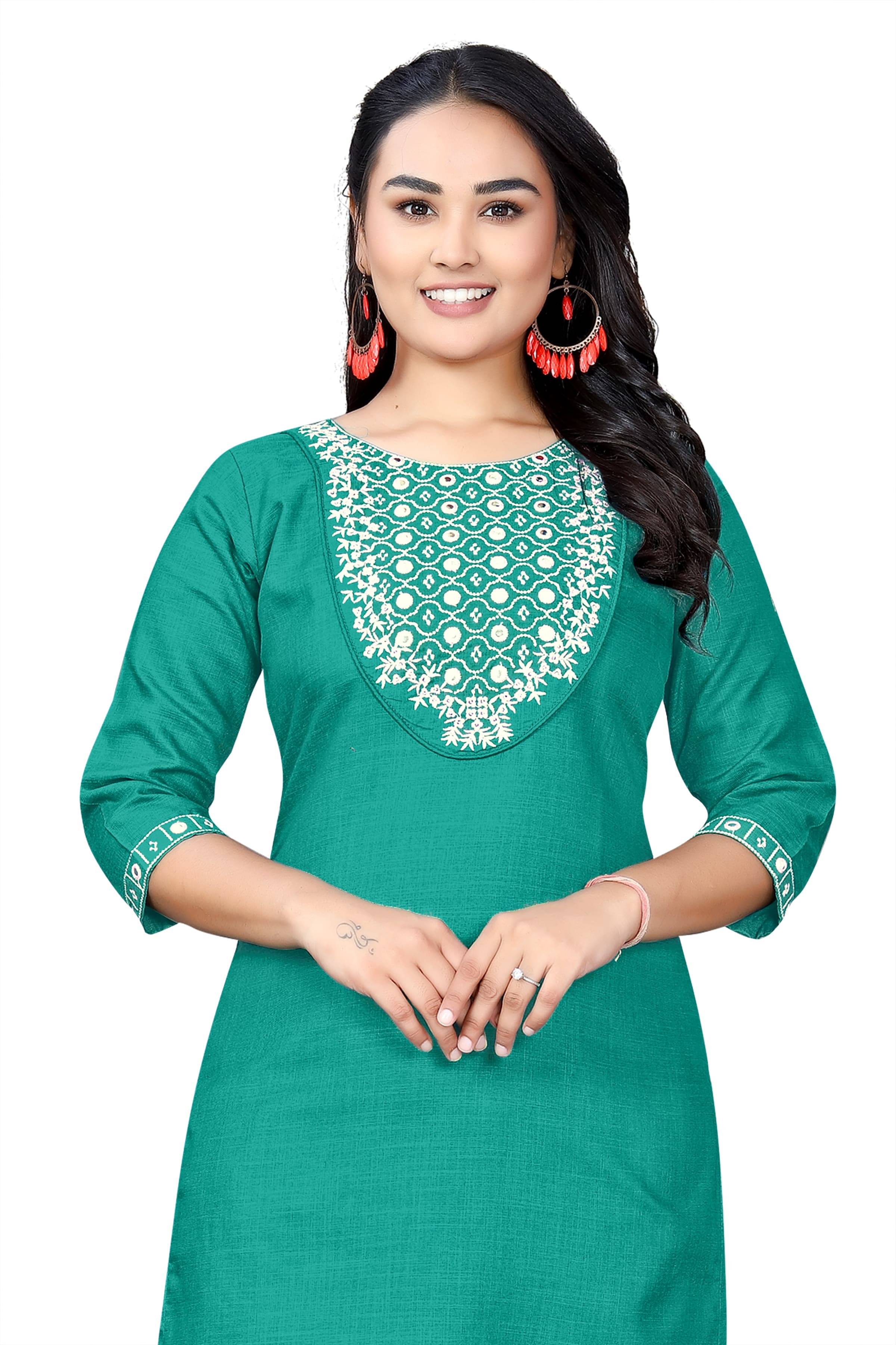    			Zorista Women Cotton Embroidered A-line Kurti ( Green )