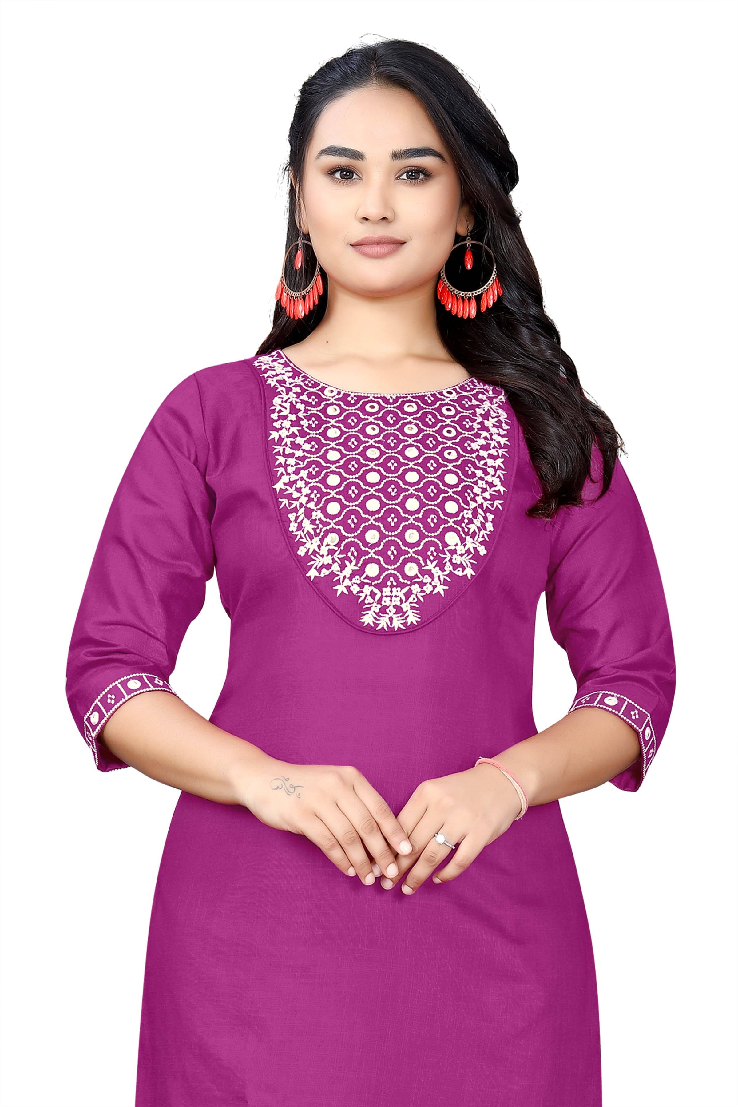 Zorista Women Cotton Embroidered A-line Kurti ( Purple ) Zorista Women Cotton Embroidered A-line Kurti ( Purple )