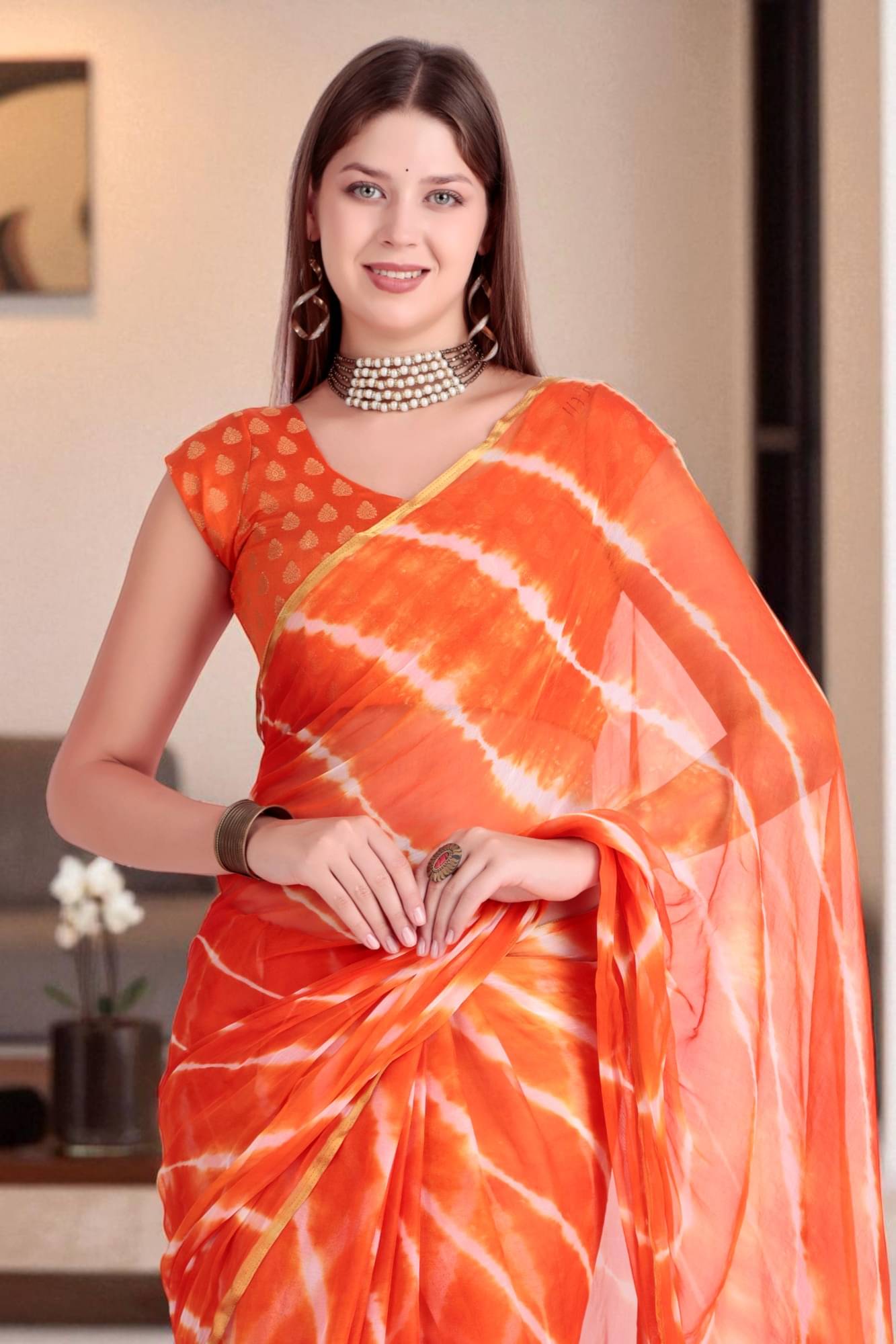 wanquila Chiffon Dyed Leheriya Saree With Unstitched Blouse Piece ( Orange ) wanquila Chiffon Dyed Leheriya Saree With Unstitched Blouse Piece ( Orange )