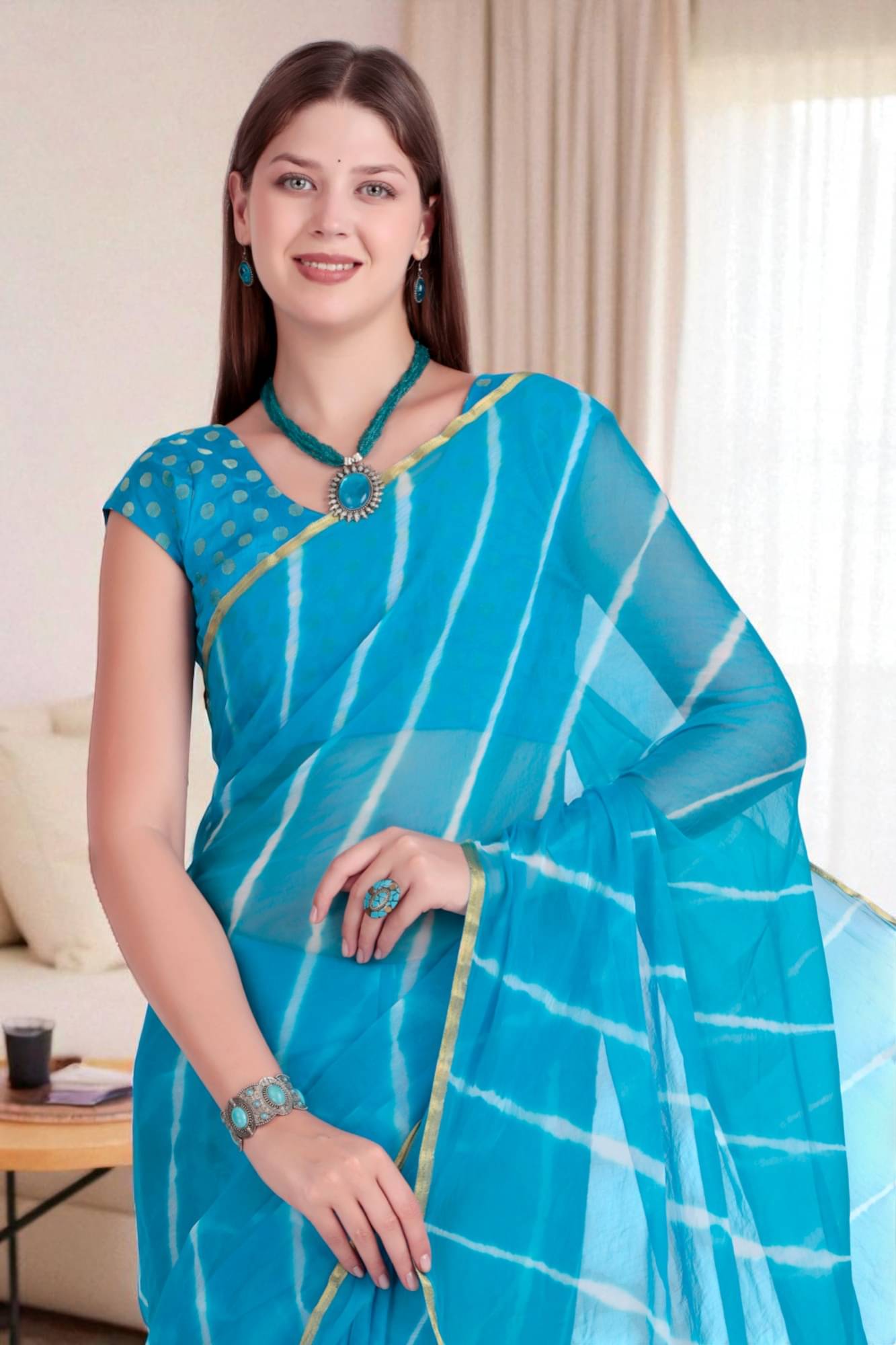    			wanquila Chiffon Dyed Leheriya Saree With Unstitched Blouse Piece ( Sky Blue )