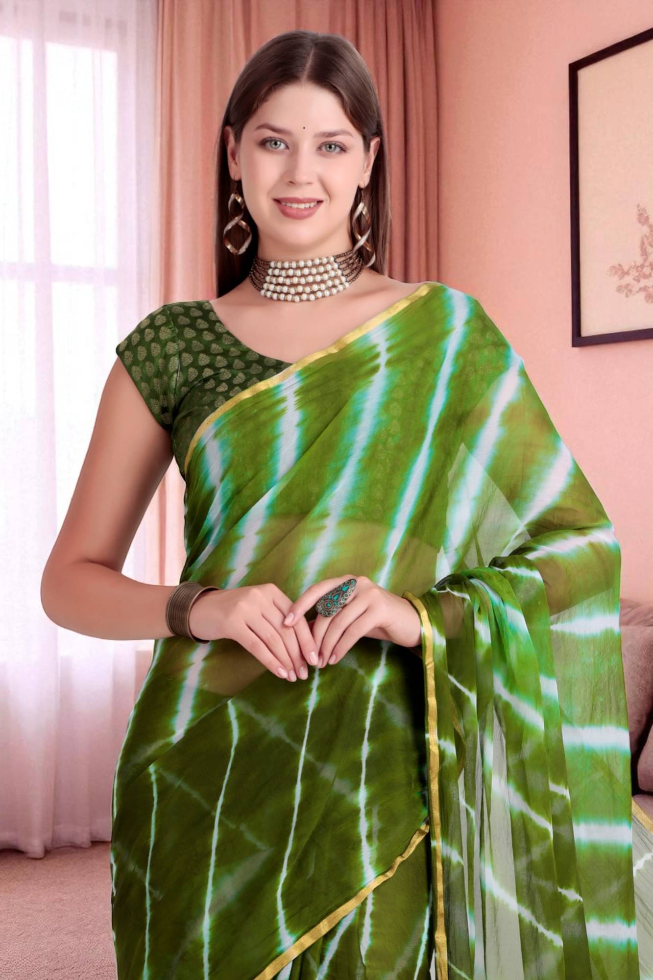     			wanquila Chiffon Dyed Leheriya Saree With Unstitched Blouse Piece ( Green )