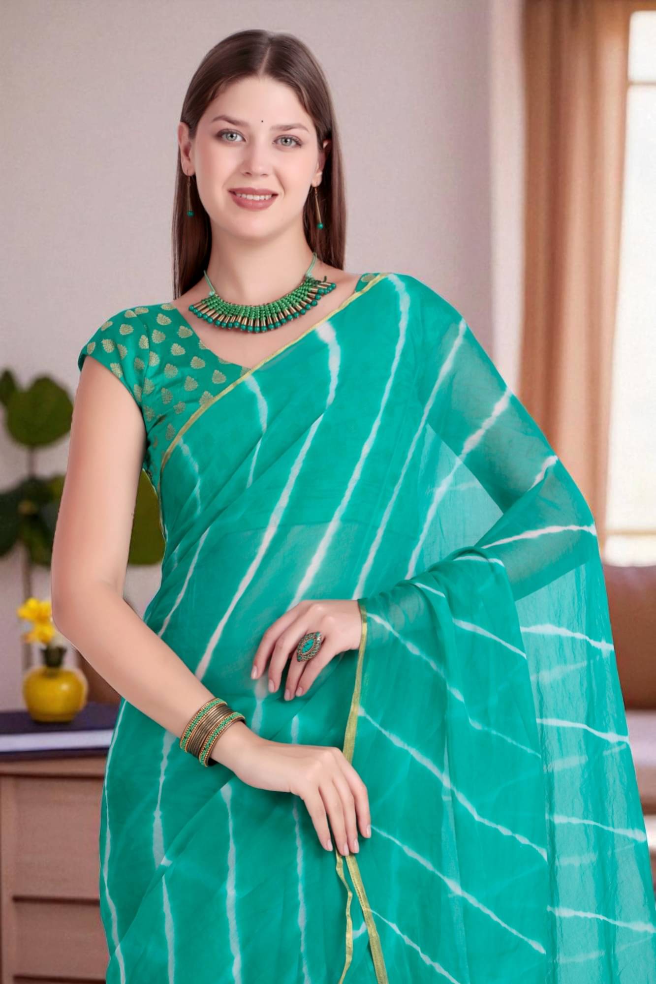     			wanquila Chiffon Dyed Leheriya Saree With Unstitched Blouse Piece ( Light Green )
